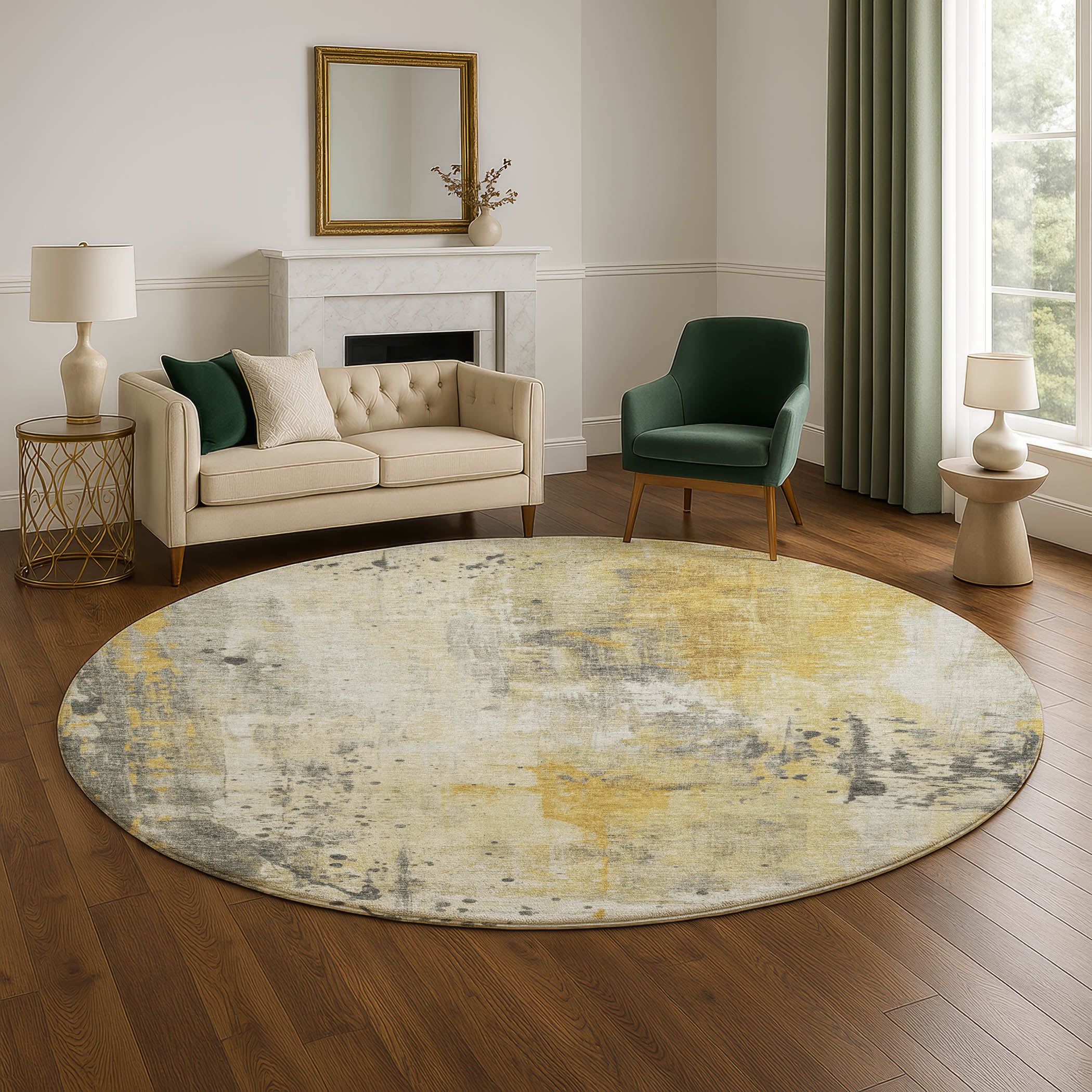 Havana Machine Washable Transitional Gold Rug 8' x 8' #shape_Round