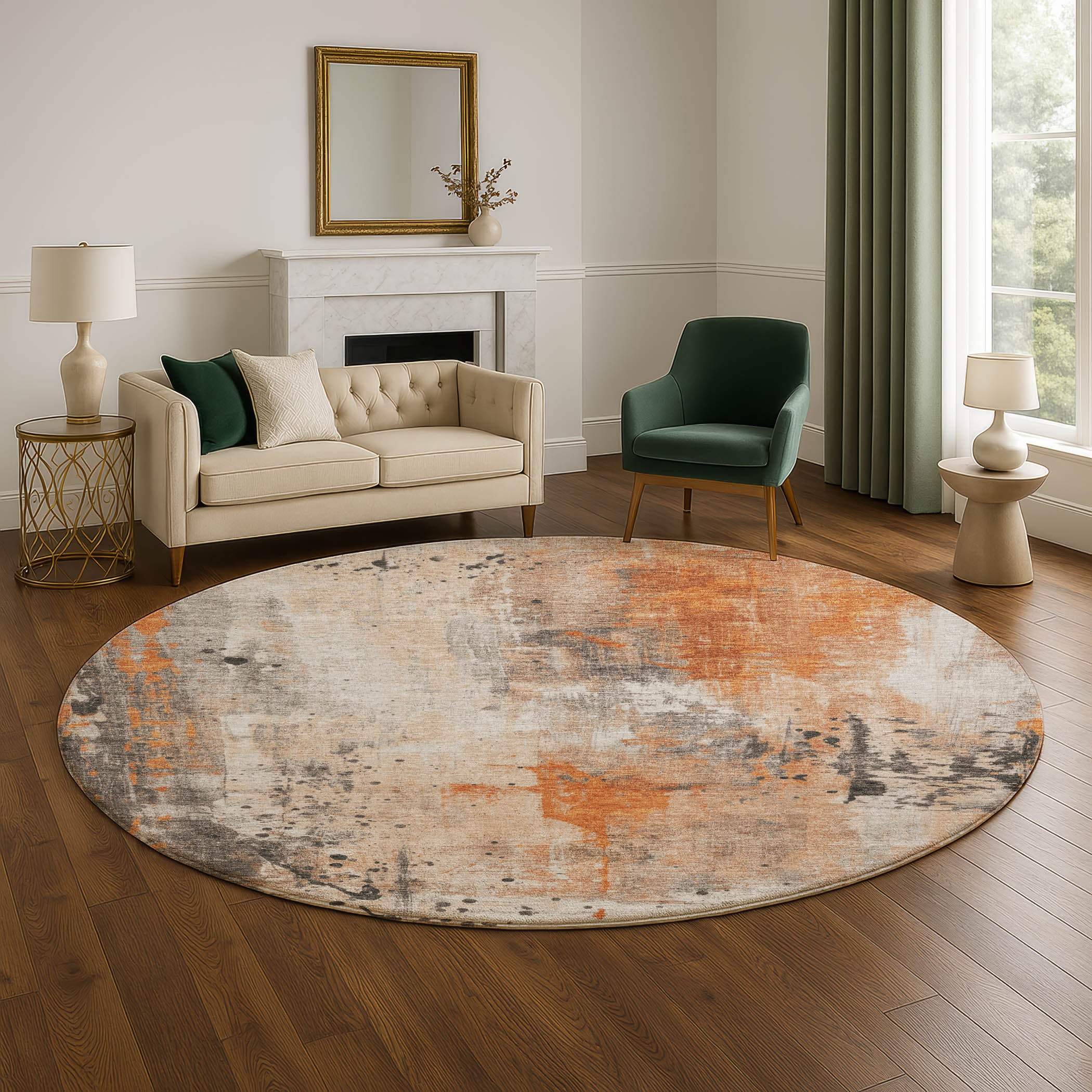 Havana Machine Washable Transitional Orange Rug 8' x 8' #shape_Round