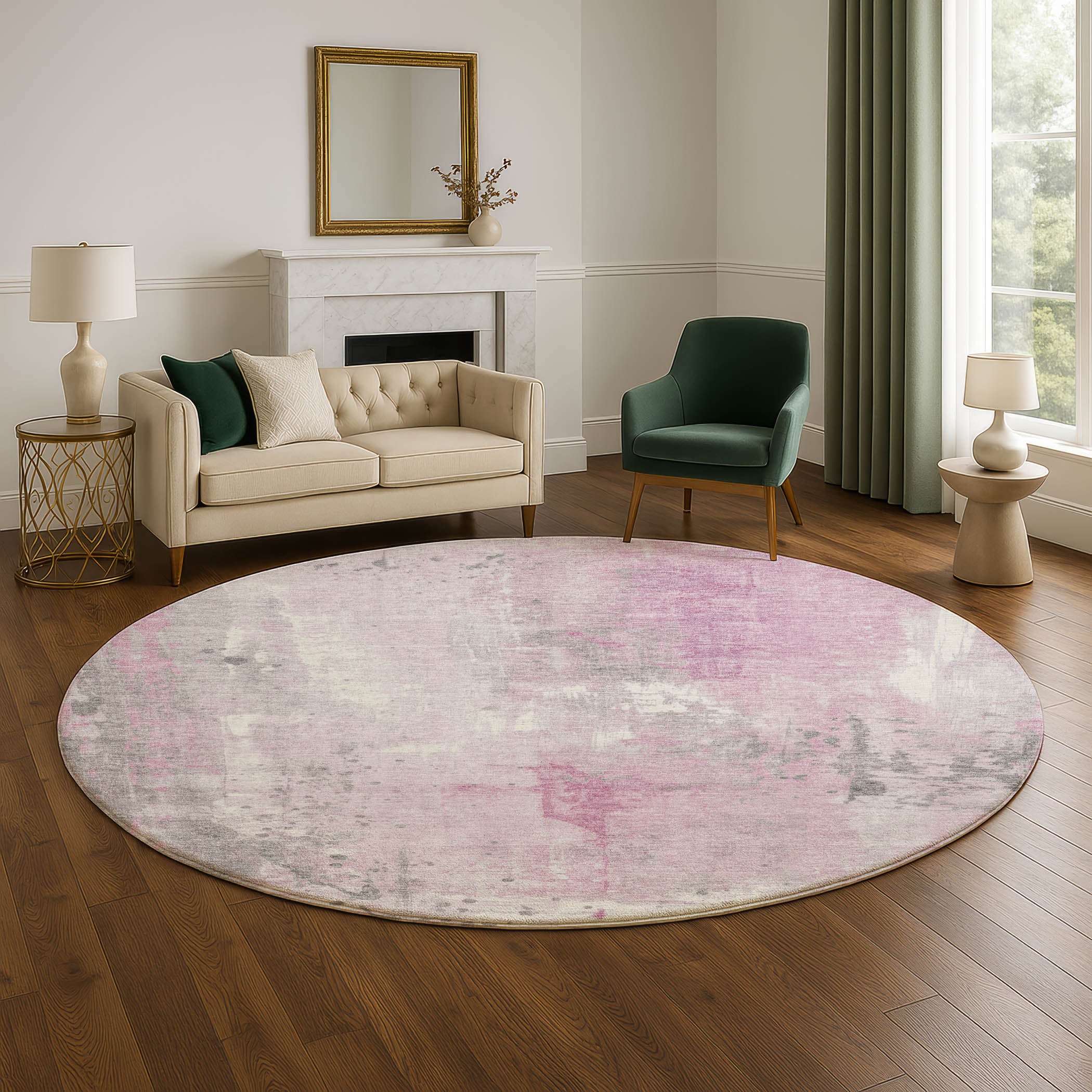 Havana Machine Washable Transitional Pink Rug 8' x 8' #shape_Round