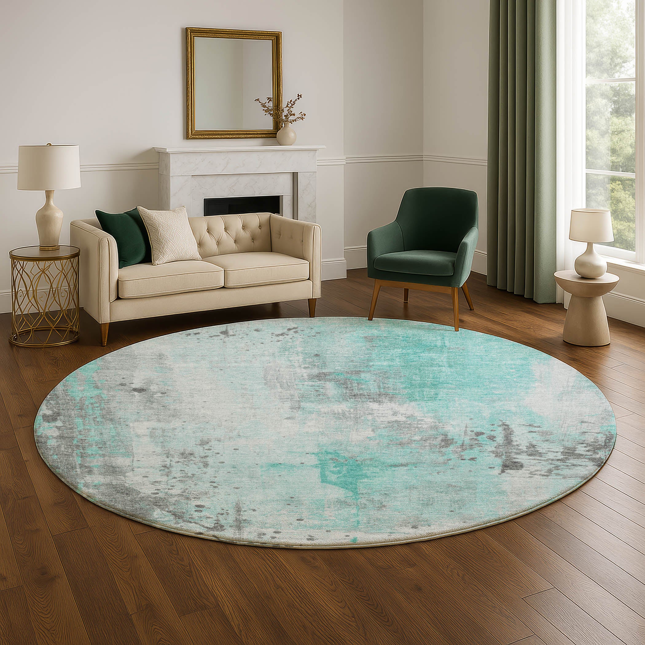 Havana Machine Washable Transitional Teal Rug 8' x 8' #shape_Round
