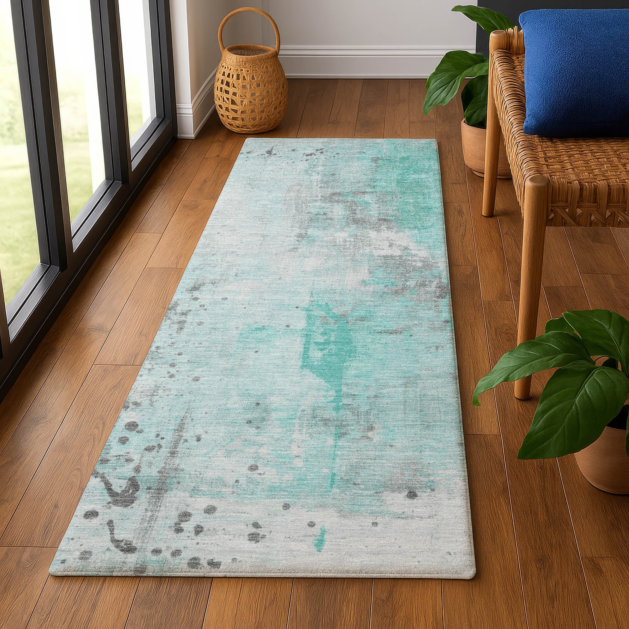 Havana Machine Washable Transitional Teal Rug 2'3" x 7'6" #shape_Runner