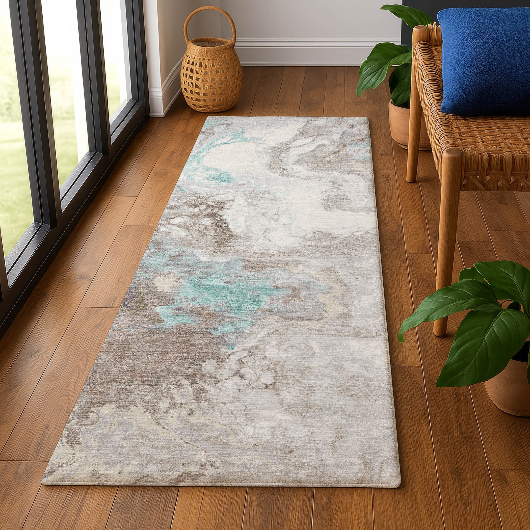 Mdina Machine Washable Transitional Teal Rug 2'3" x 7'6" #shape_Runner