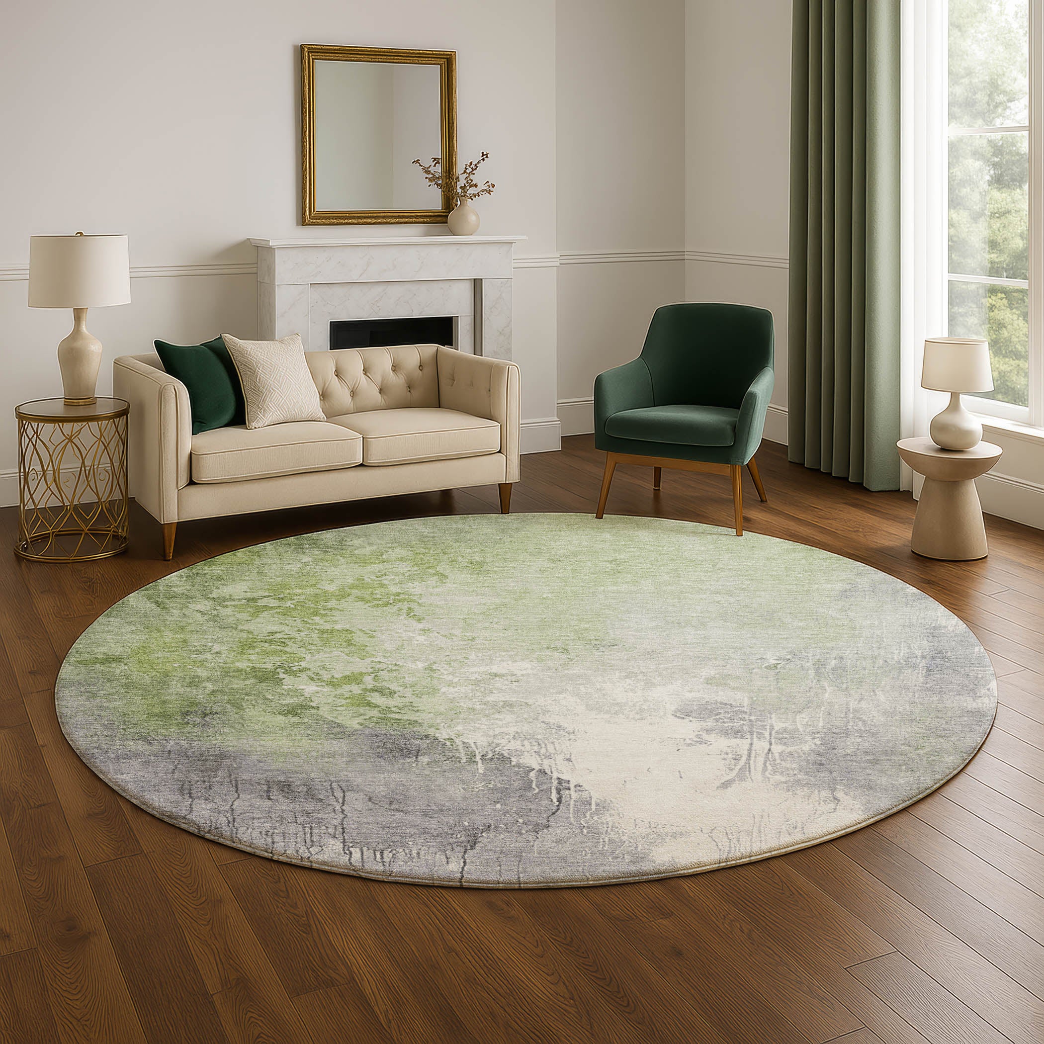 Sintra Machine Washable Transitional Aloe Green Rug 8' x 8' #shape_Round