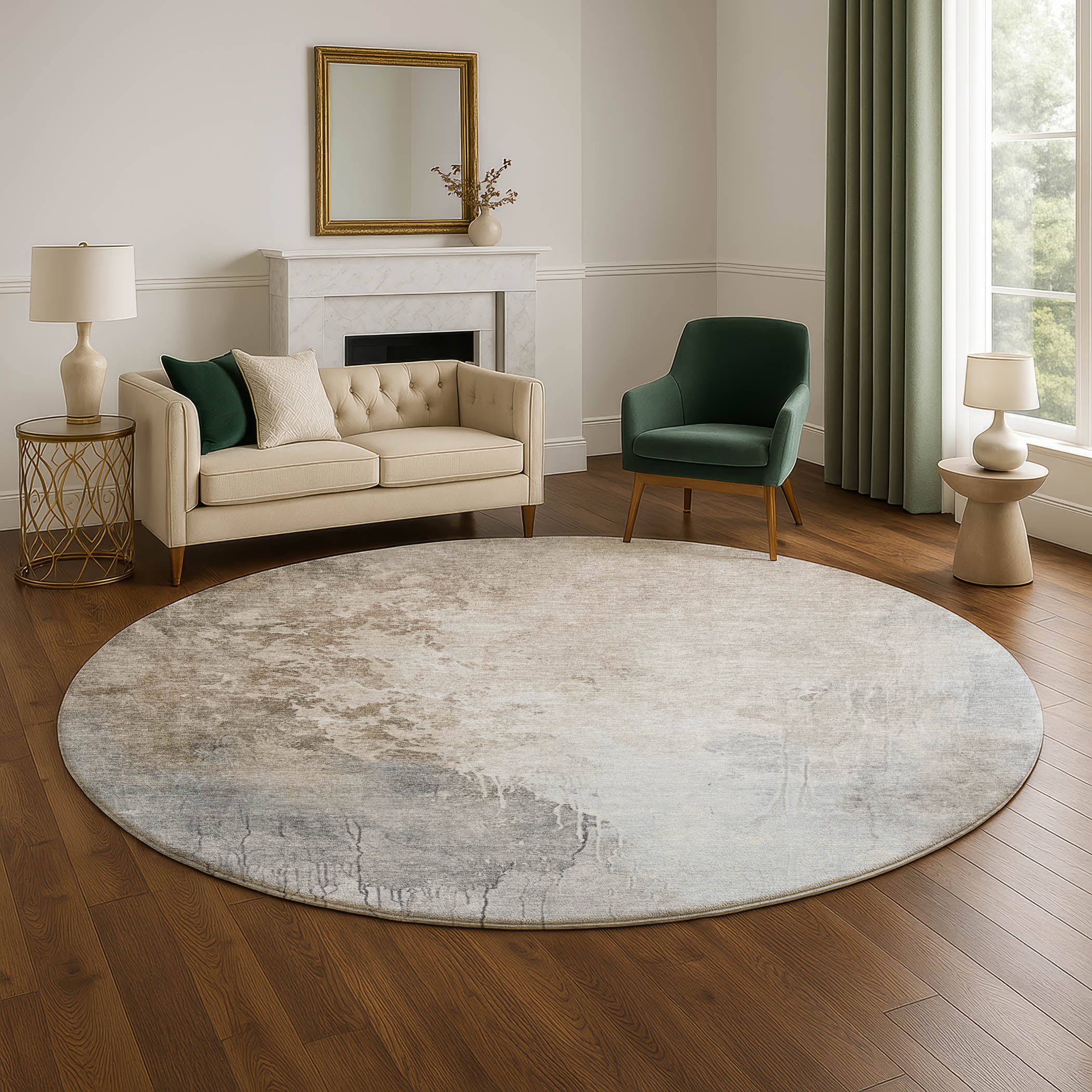 Sintra Machine Washable Transitional Beige Brown Rug 8' x 8' #shape_Round