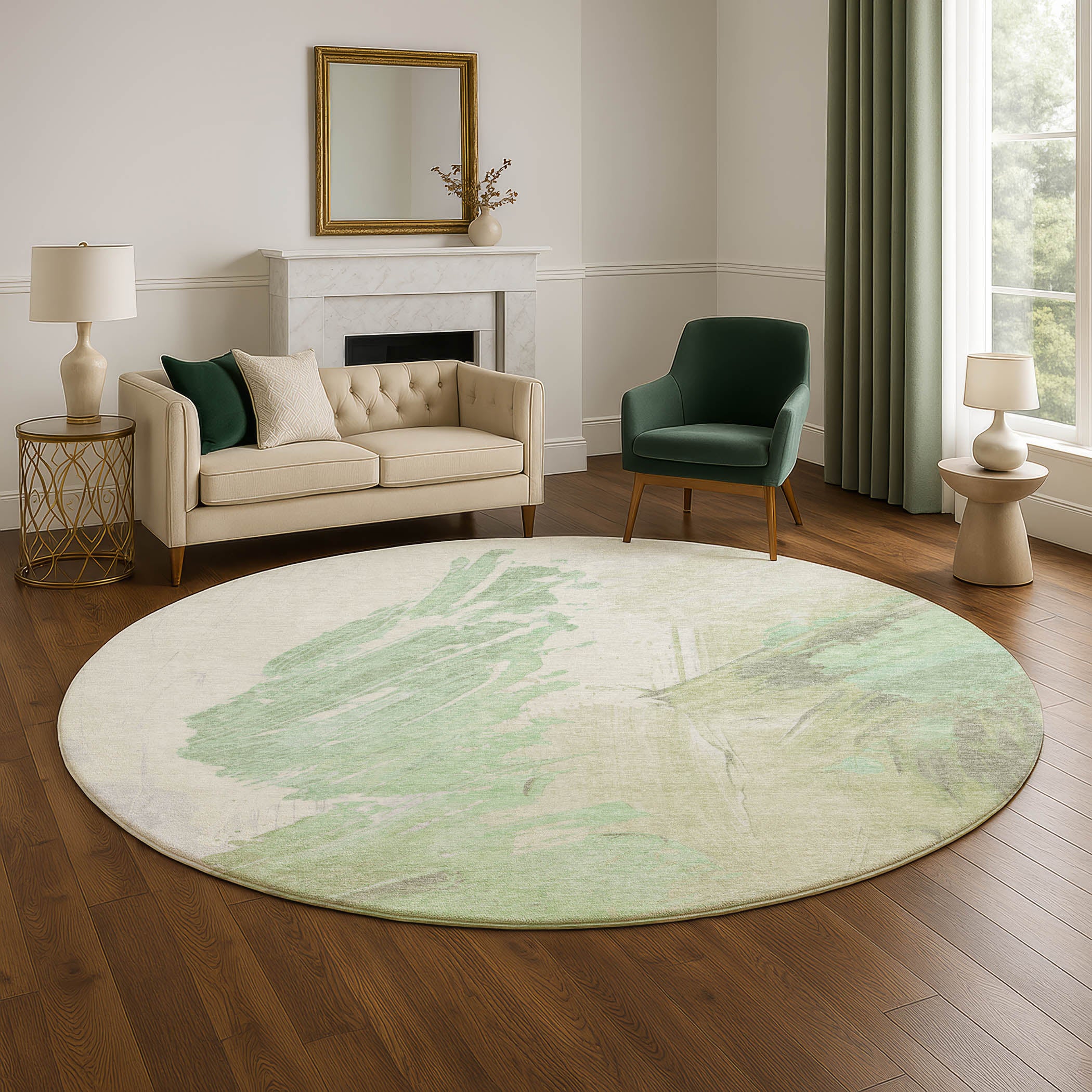 Queenstown Machine Washable Transitional Aloe Green Rug 8' x 8' #shape_Round