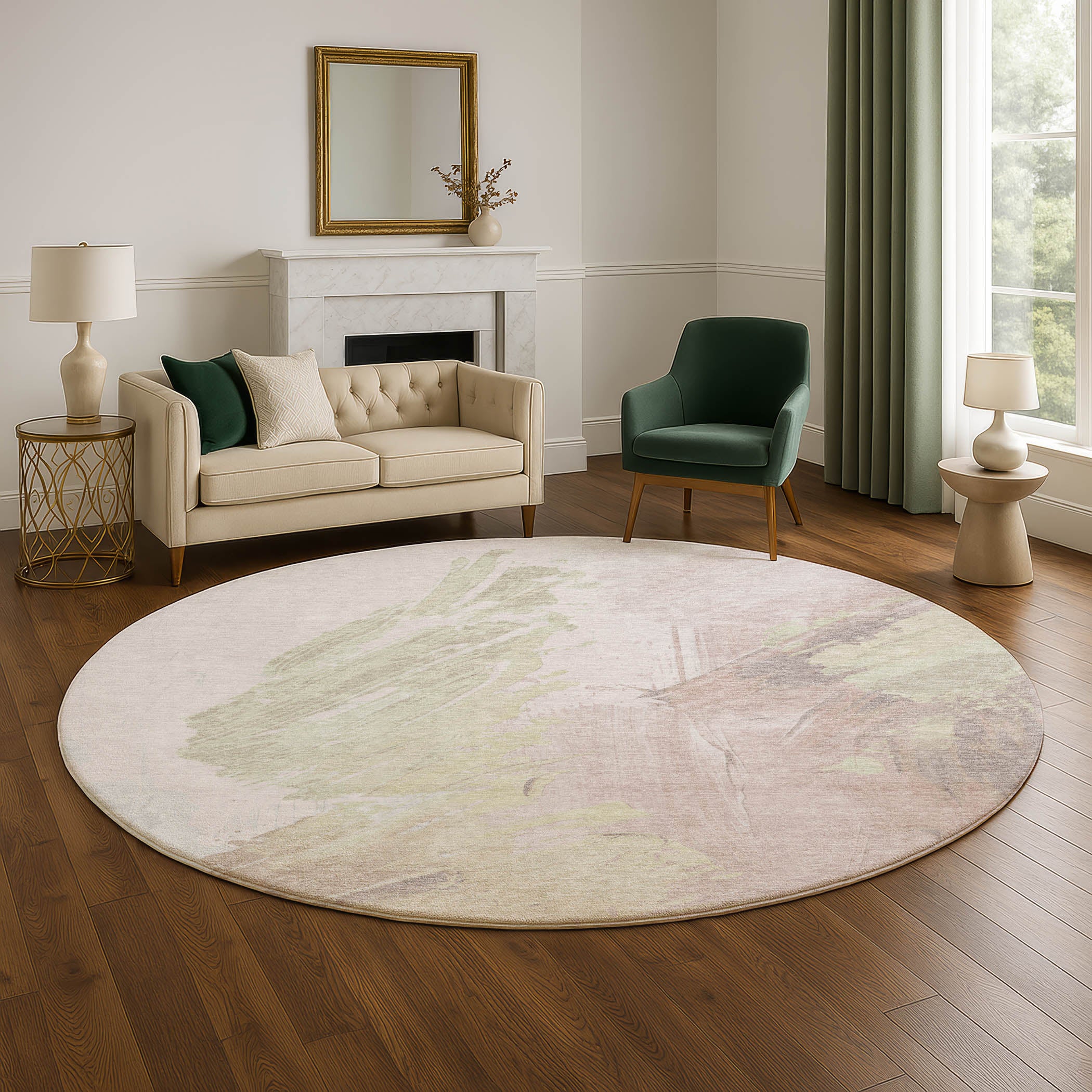 Queenstown Machine Washable Transitional Pink Rug 8' x 8' #shape_Round