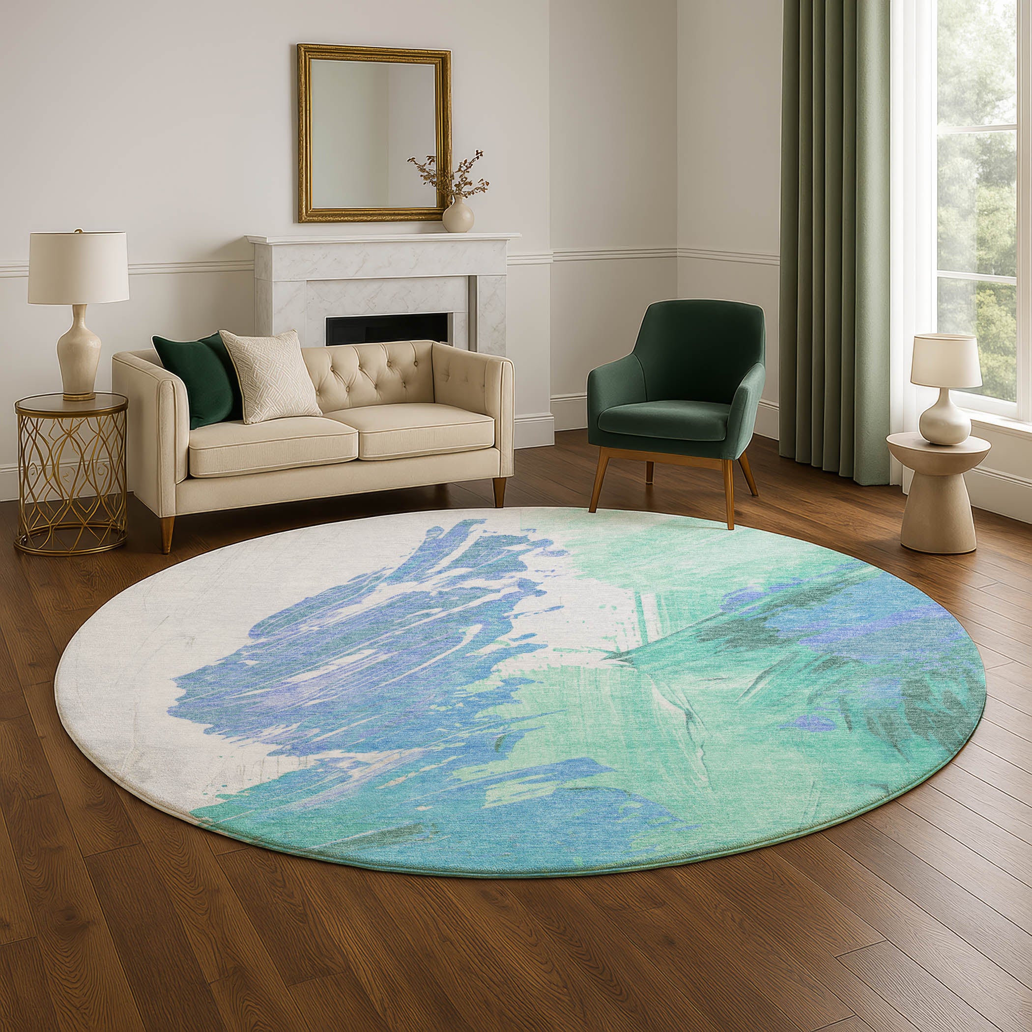 Queenstown Machine Washable Transitional Seafoam Blue Rug 8' x 8' #shape_Round