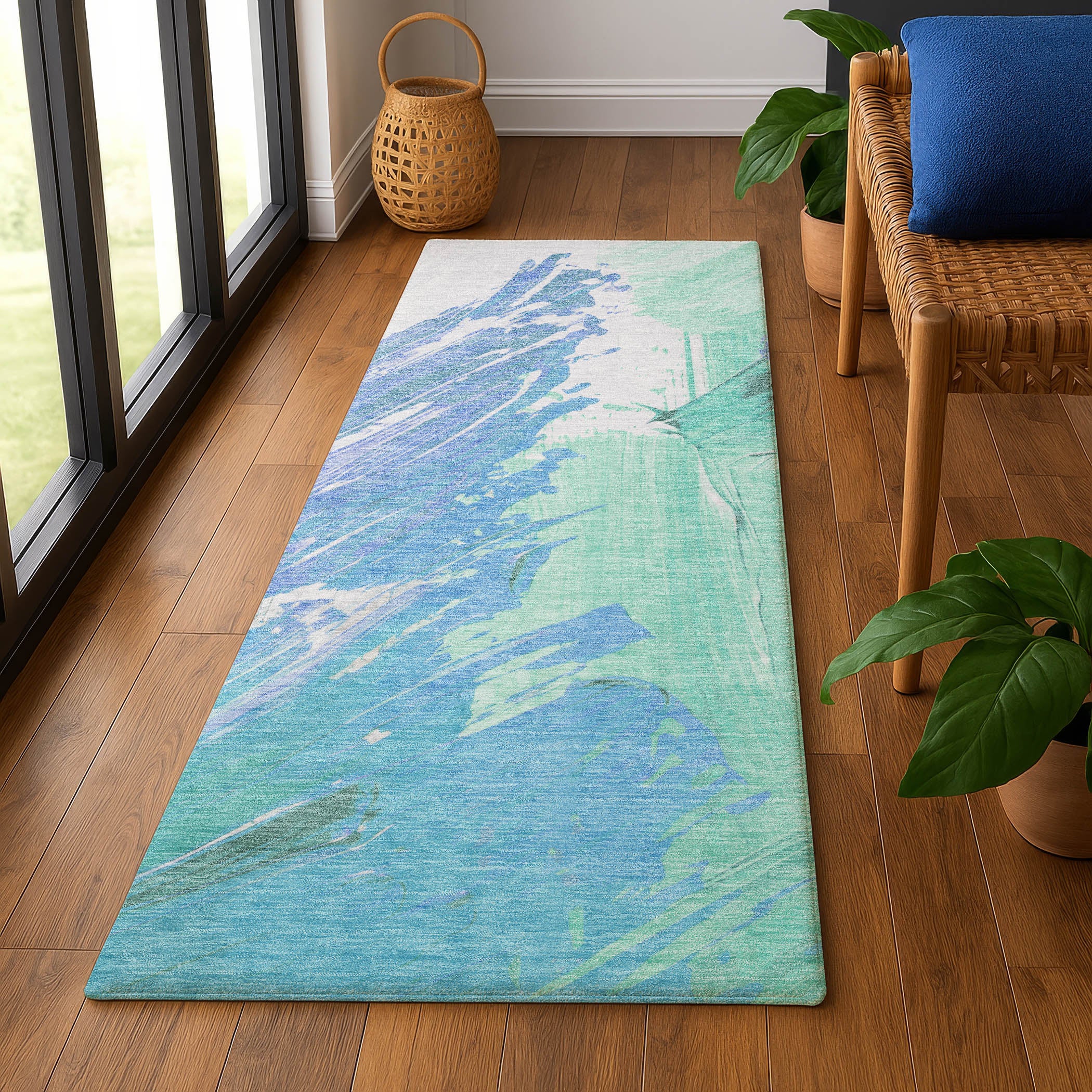 Queenstown Machine Washable Transitional Seafoam Blue Rug 2'3" x 7'6" #shape_Runner