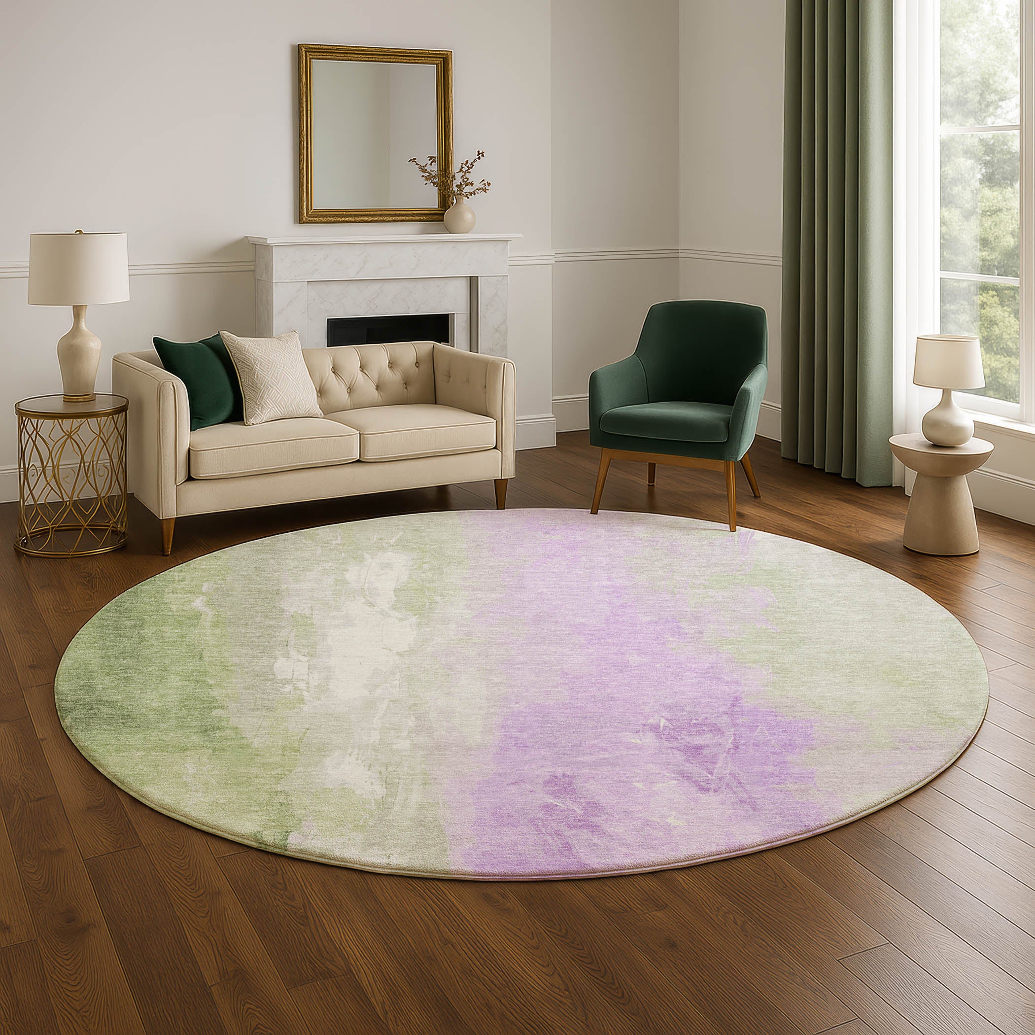 Sarajevo Machine Washable Transitional Aloe Green Rug 8' x 8' #shape_Round