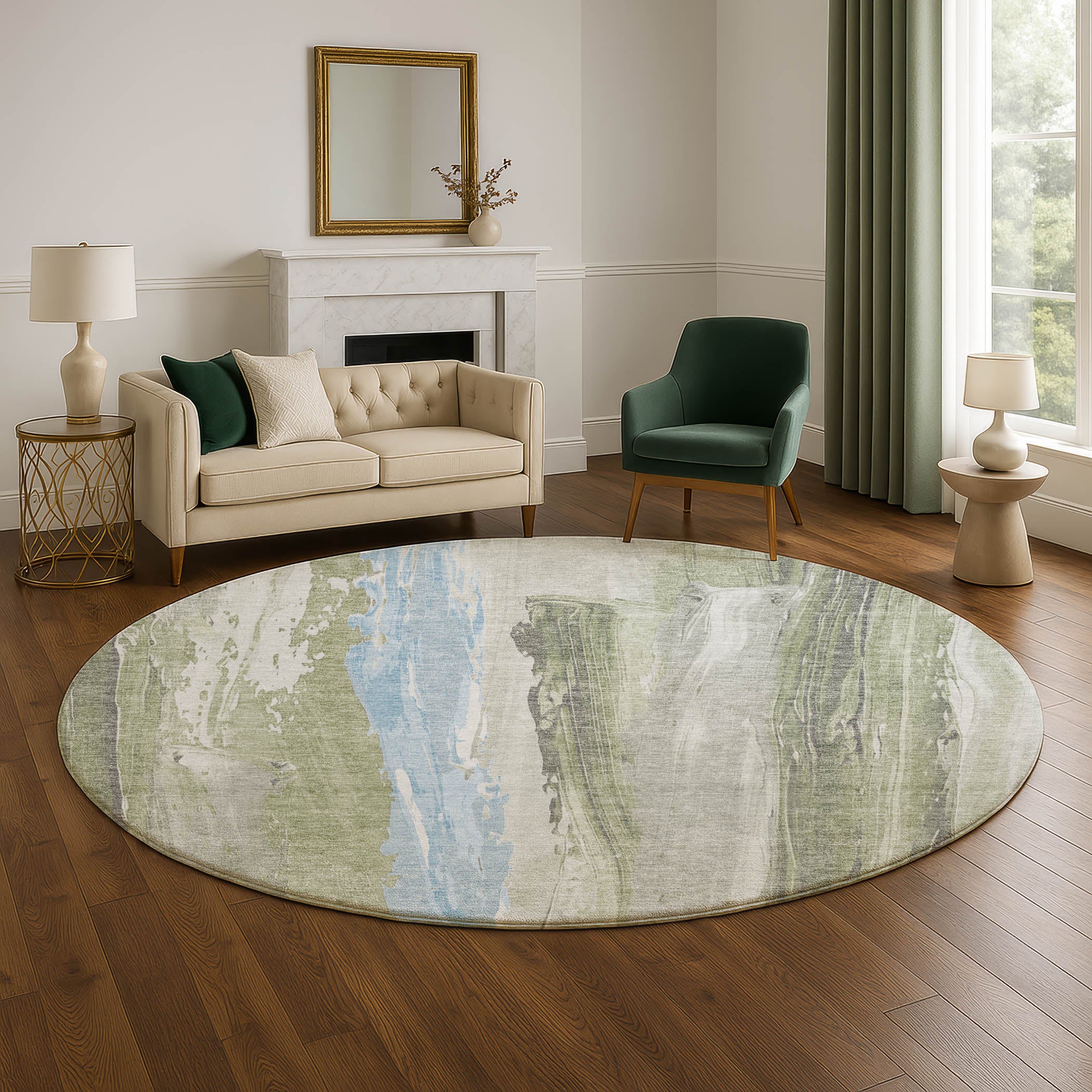 Chiang Mai Machine Washable Transitional Olive Green Rug 8' x 8' #shape_Round