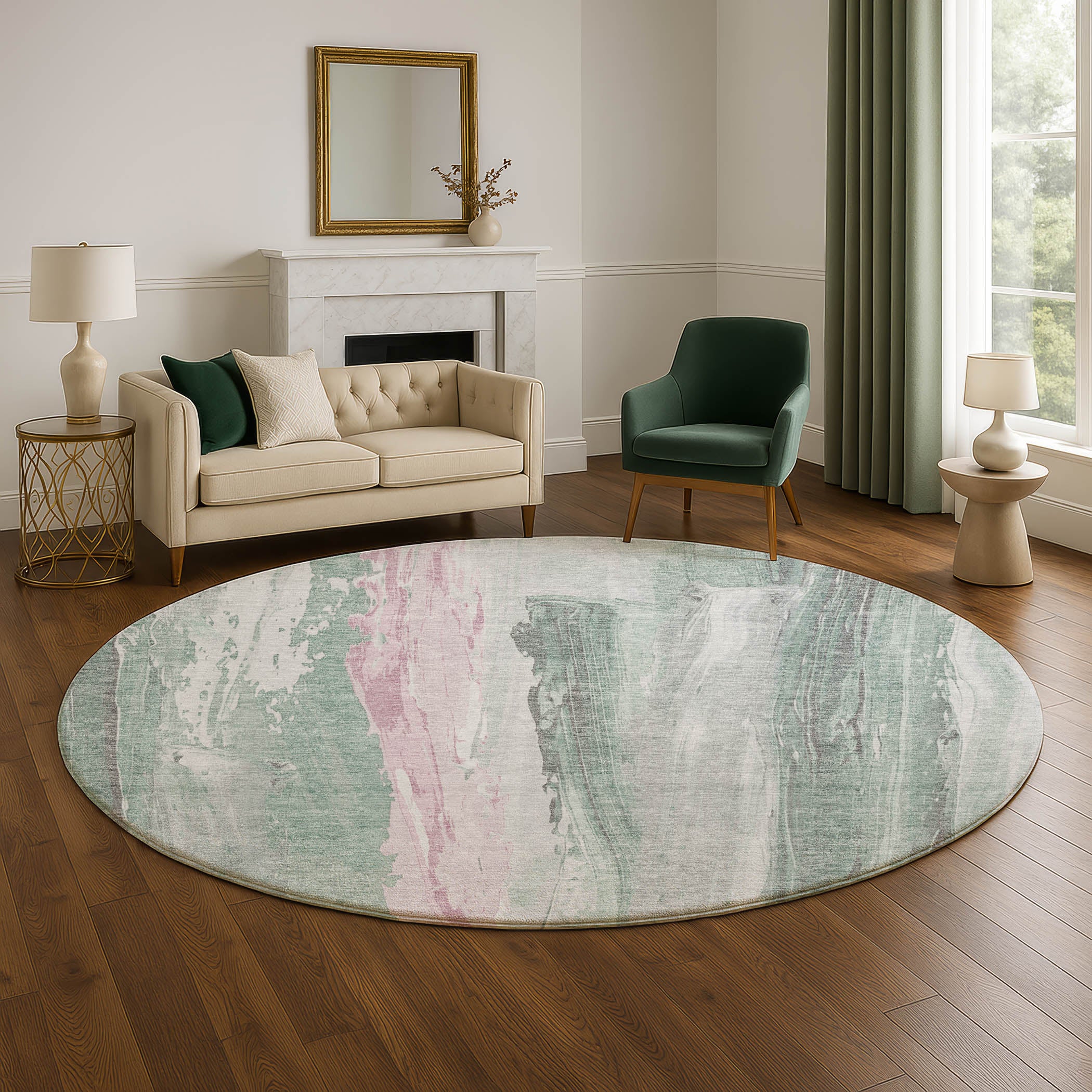 Chiang Mai Machine Washable Transitional Sage Green Rug 8' x 8' #shape_Round