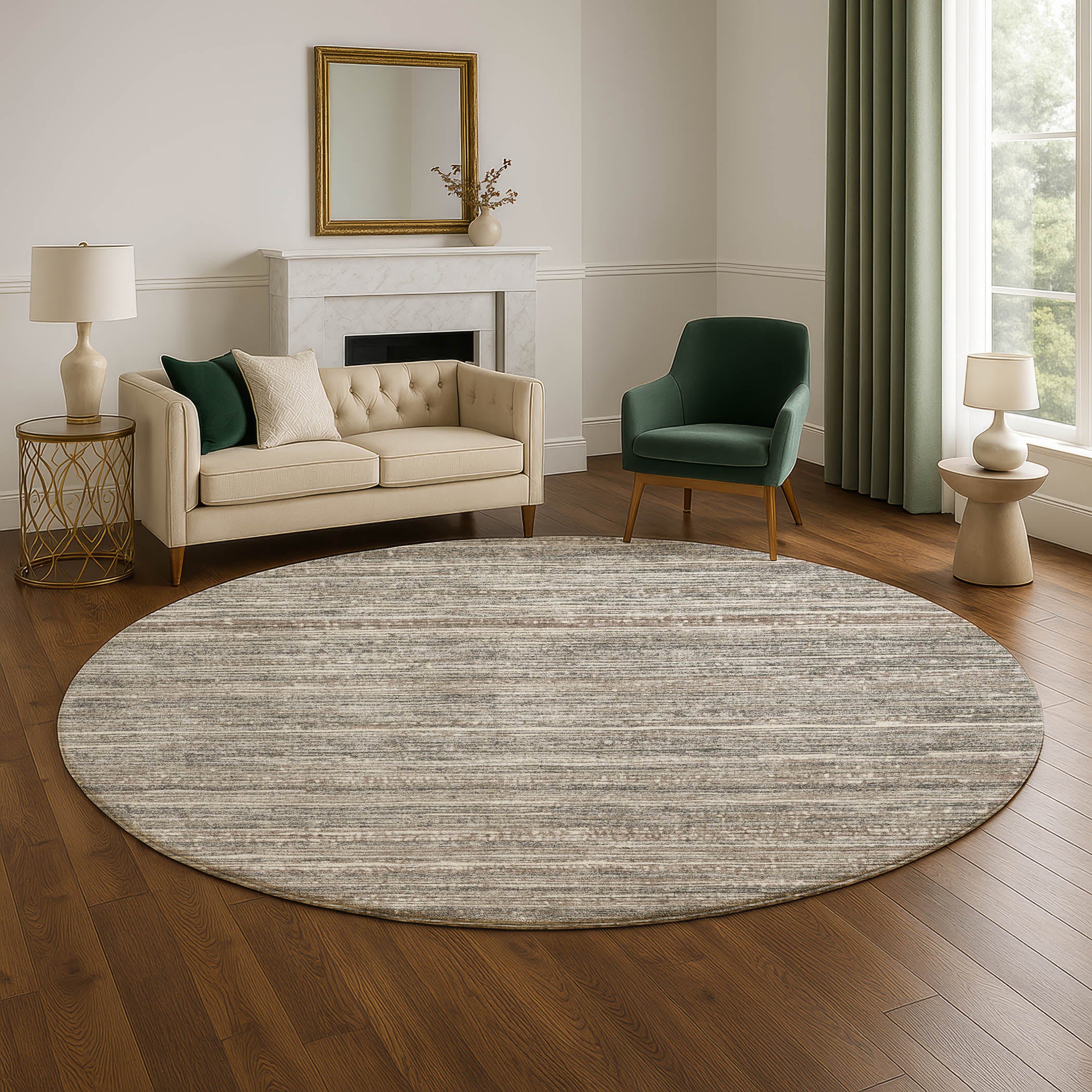 Kathmandu Machine Washable Transitional Beige Brown Rug 8' x 8' #shape_Round