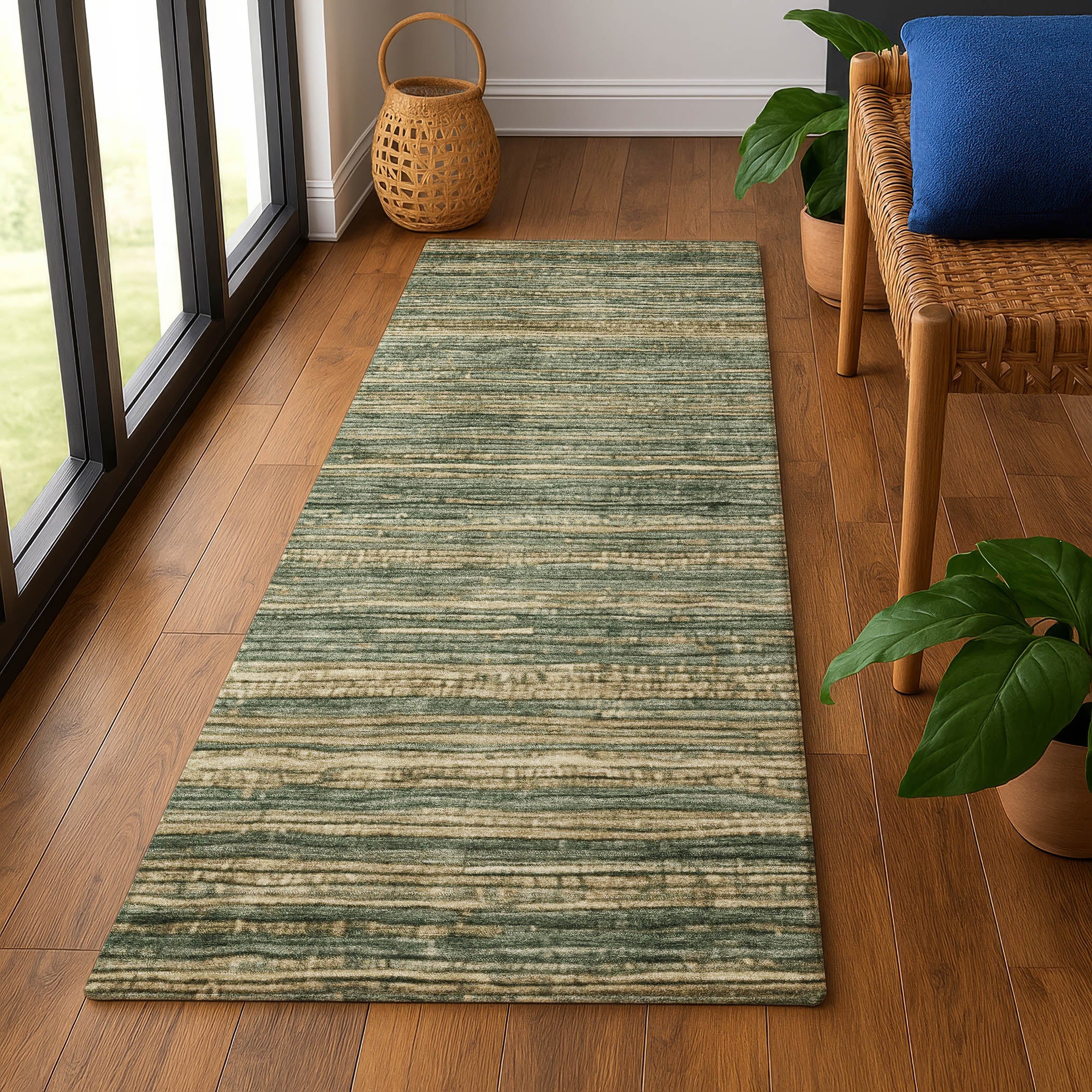 Kathmandu Machine Washable Transitional Fern Green Rug 2'3" x 7'6" #shape_Runner