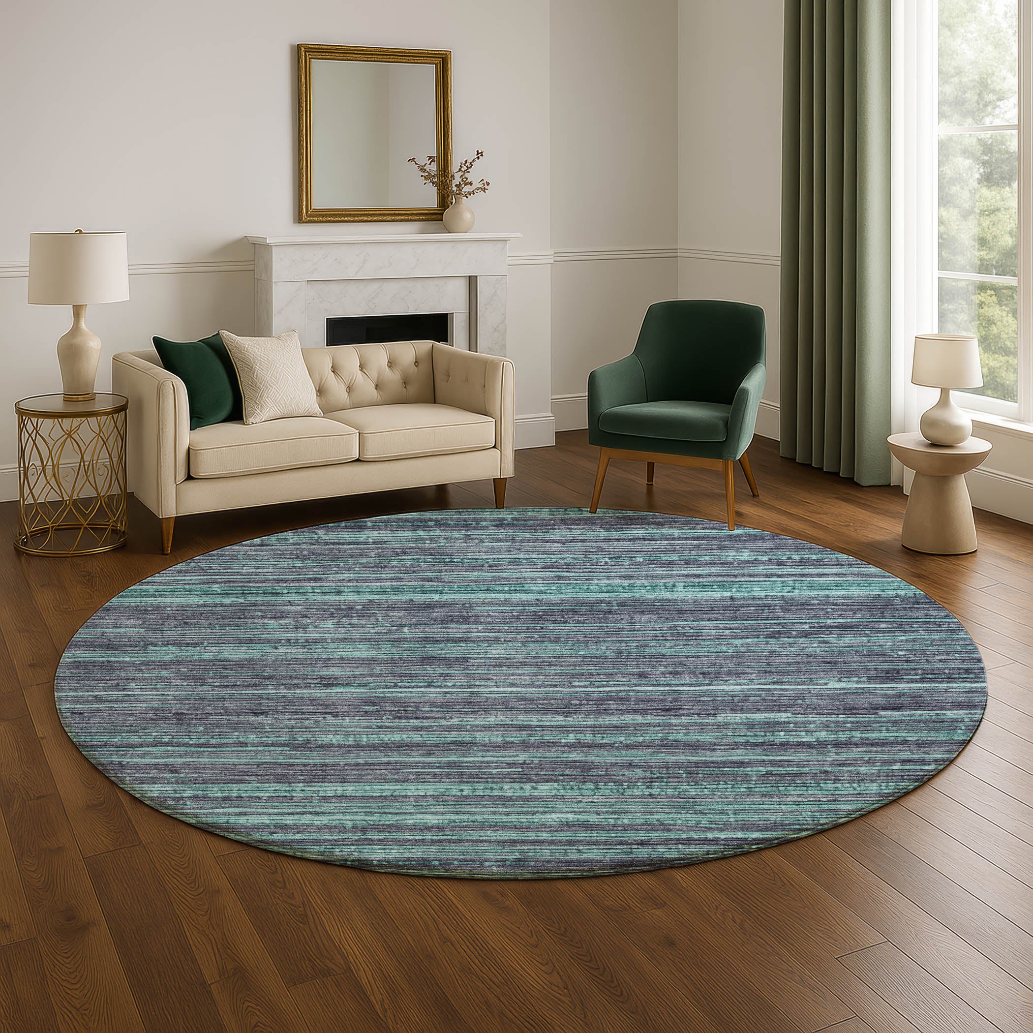 Kathmandu Machine Washable Transitional Teal Rug 8' x 8' #shape_Round