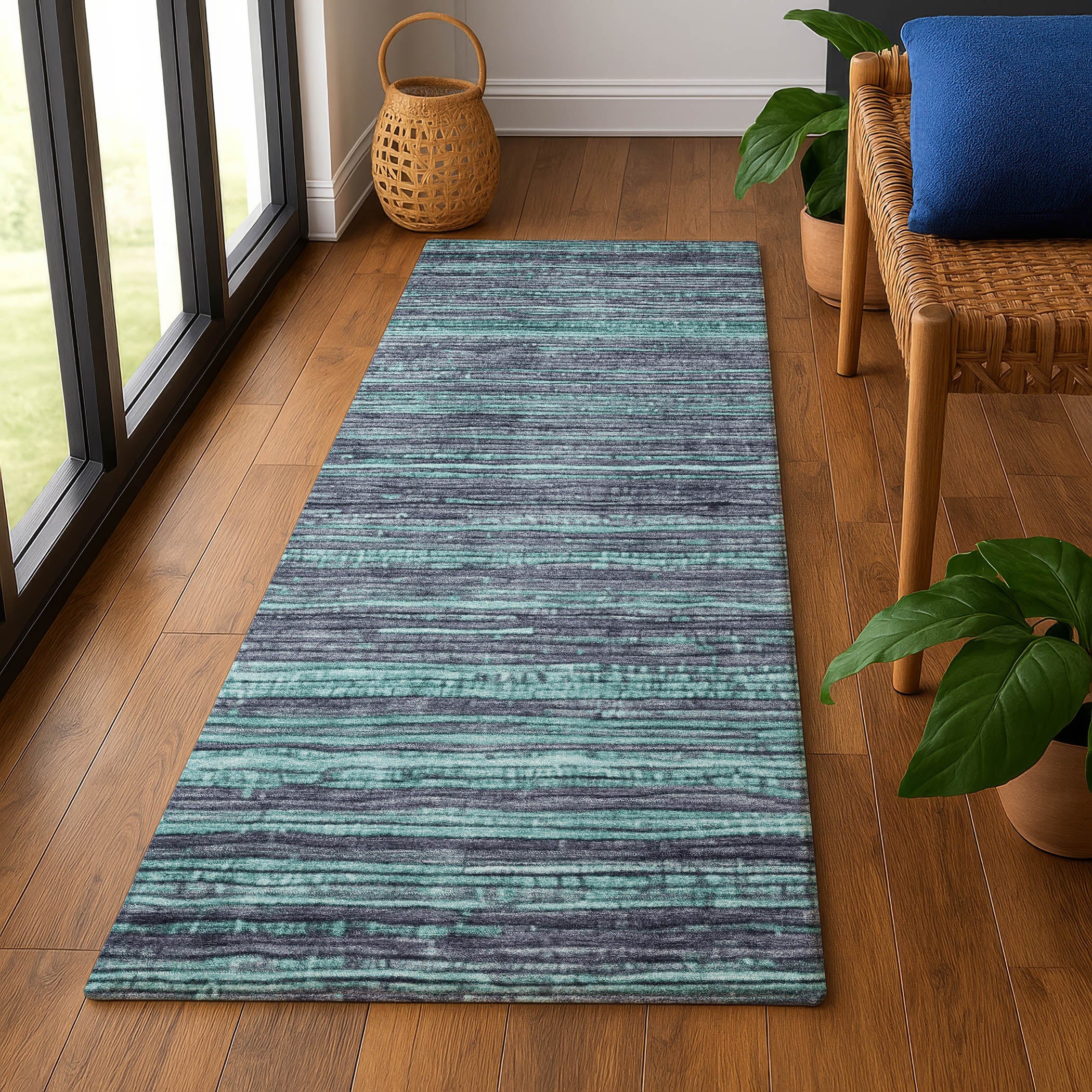 Kathmandu Machine Washable Transitional Teal Rug 2'3" x 7'6" #shape_Runner
