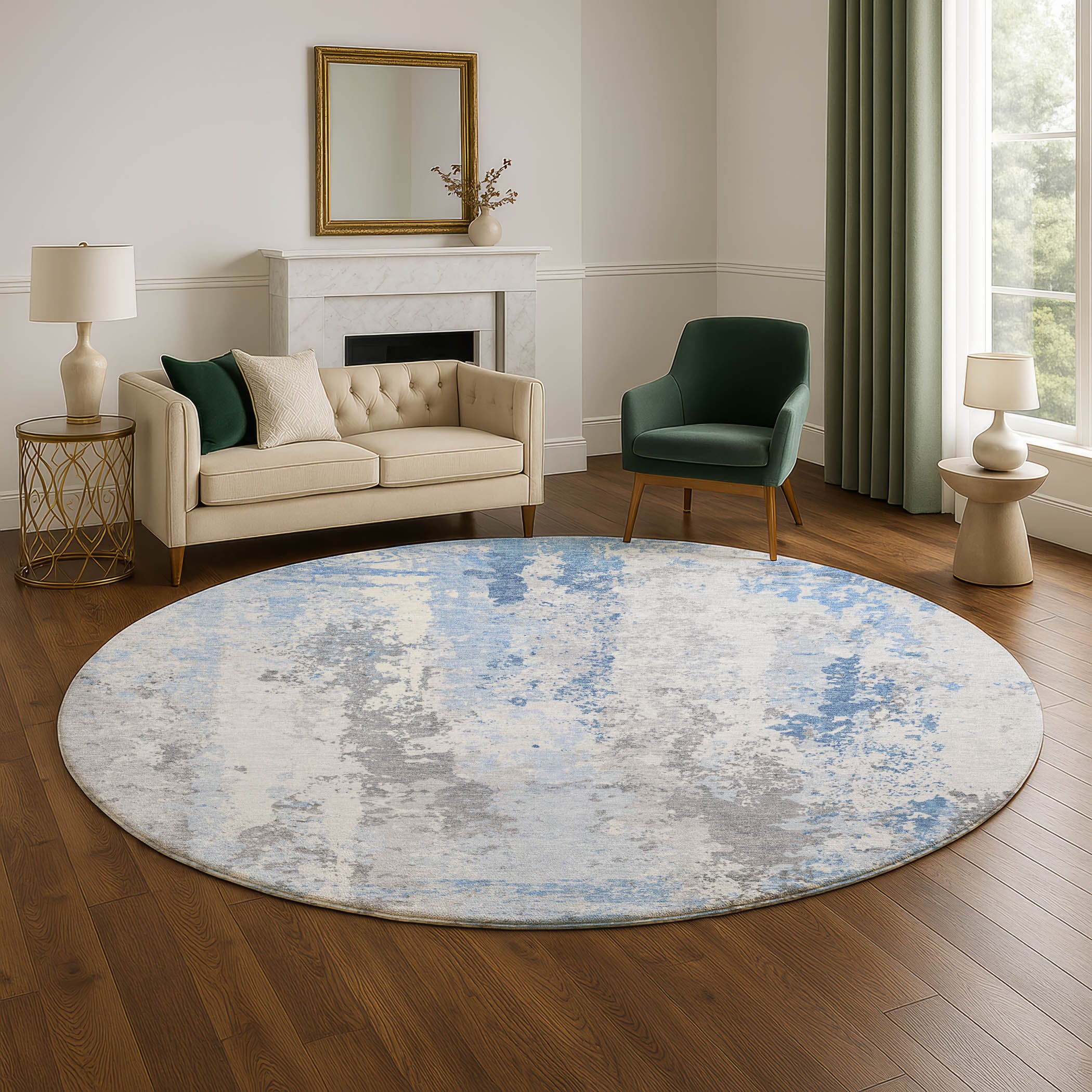 Zanzibar Machine Washable Transitional Sky Blue Rug 8' x 8' #shape_Round