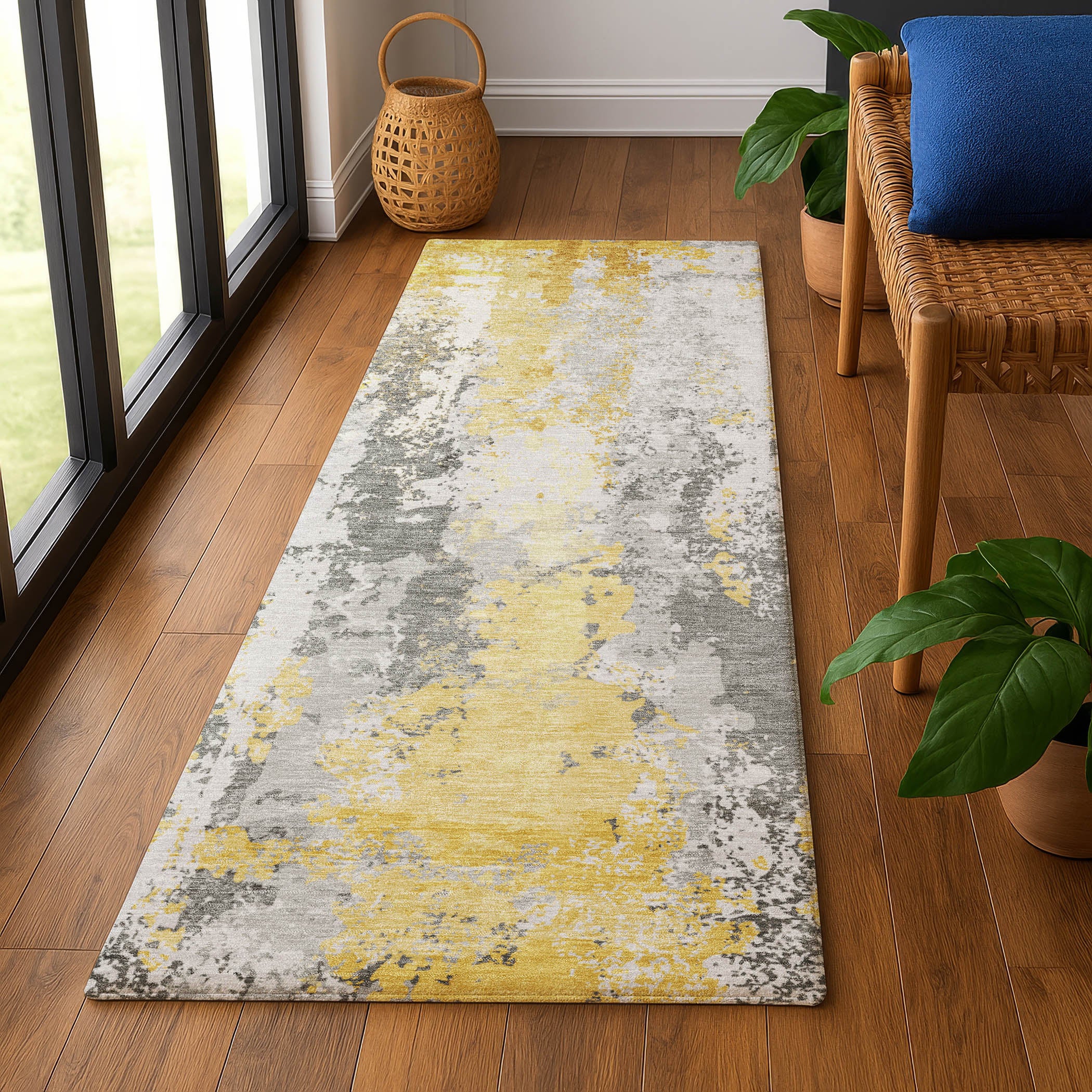 Zanzibar Machine Washable Transitional Yellow Gold Rug 2'3" x 7'6" #shape_Runner