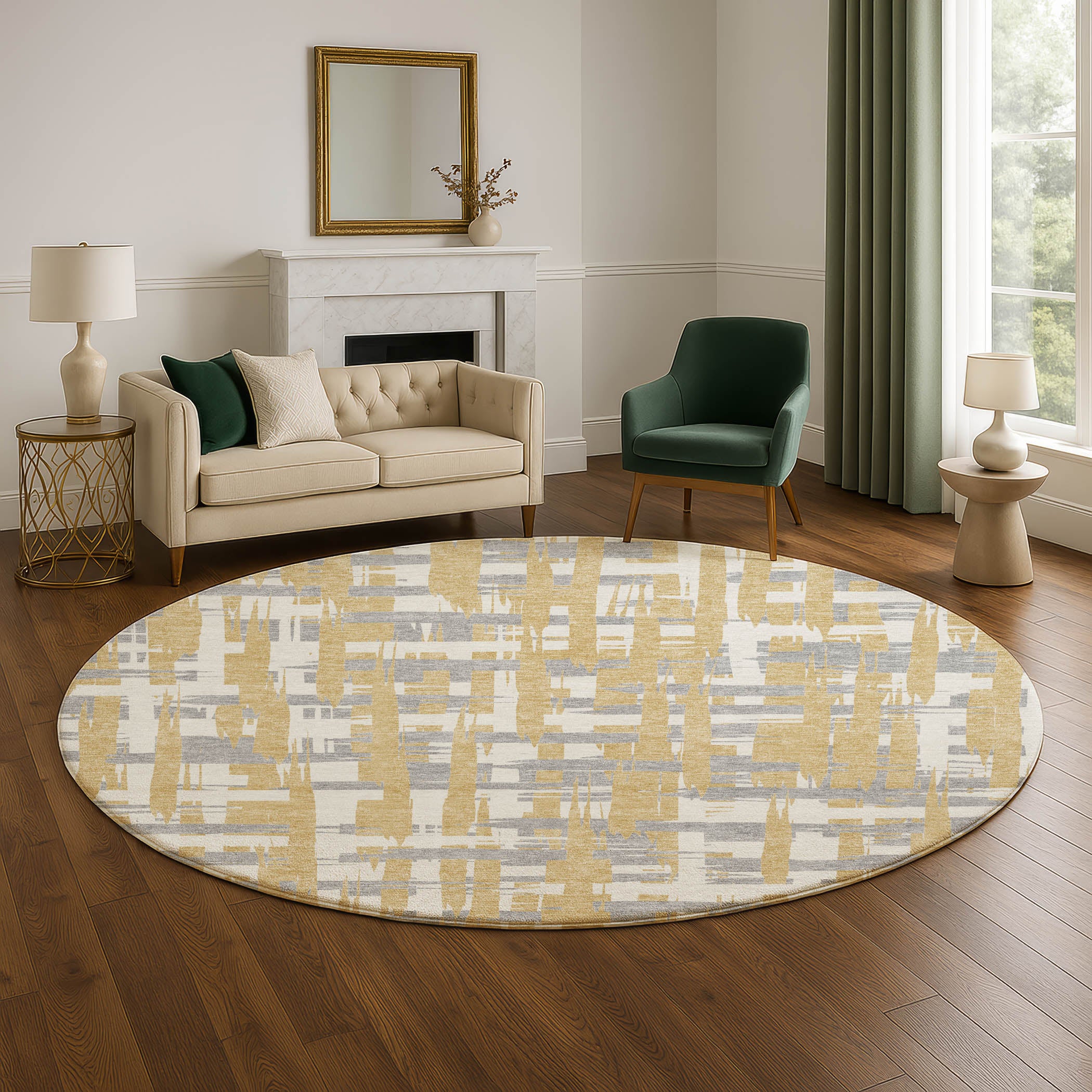 Seoul Machine Washable Transitional Gold Rug 8' x 8' #shape_Round