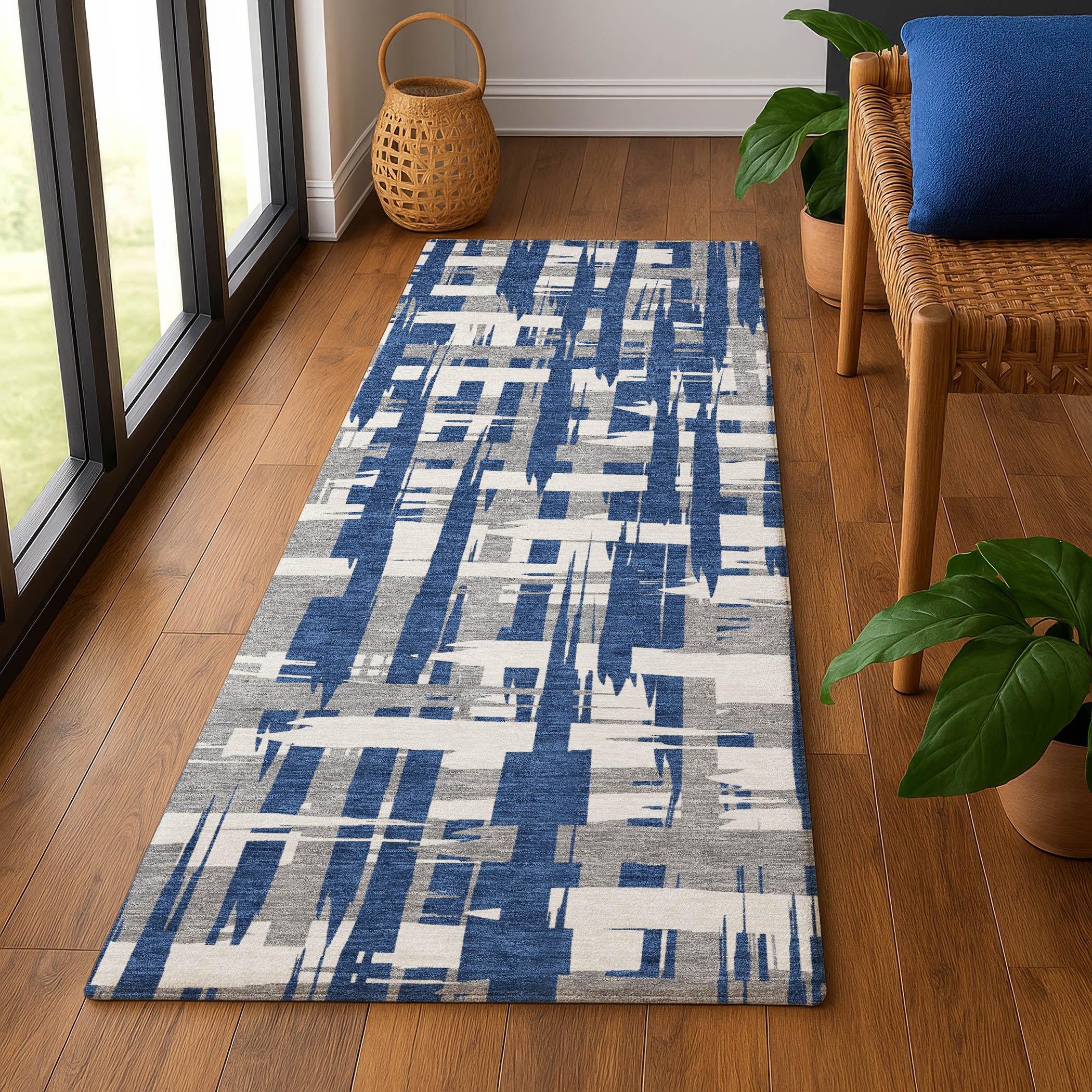 Seoul Machine Washable Transitional Navy Blue Rug 2'3" x 7'6" #shape_Runner