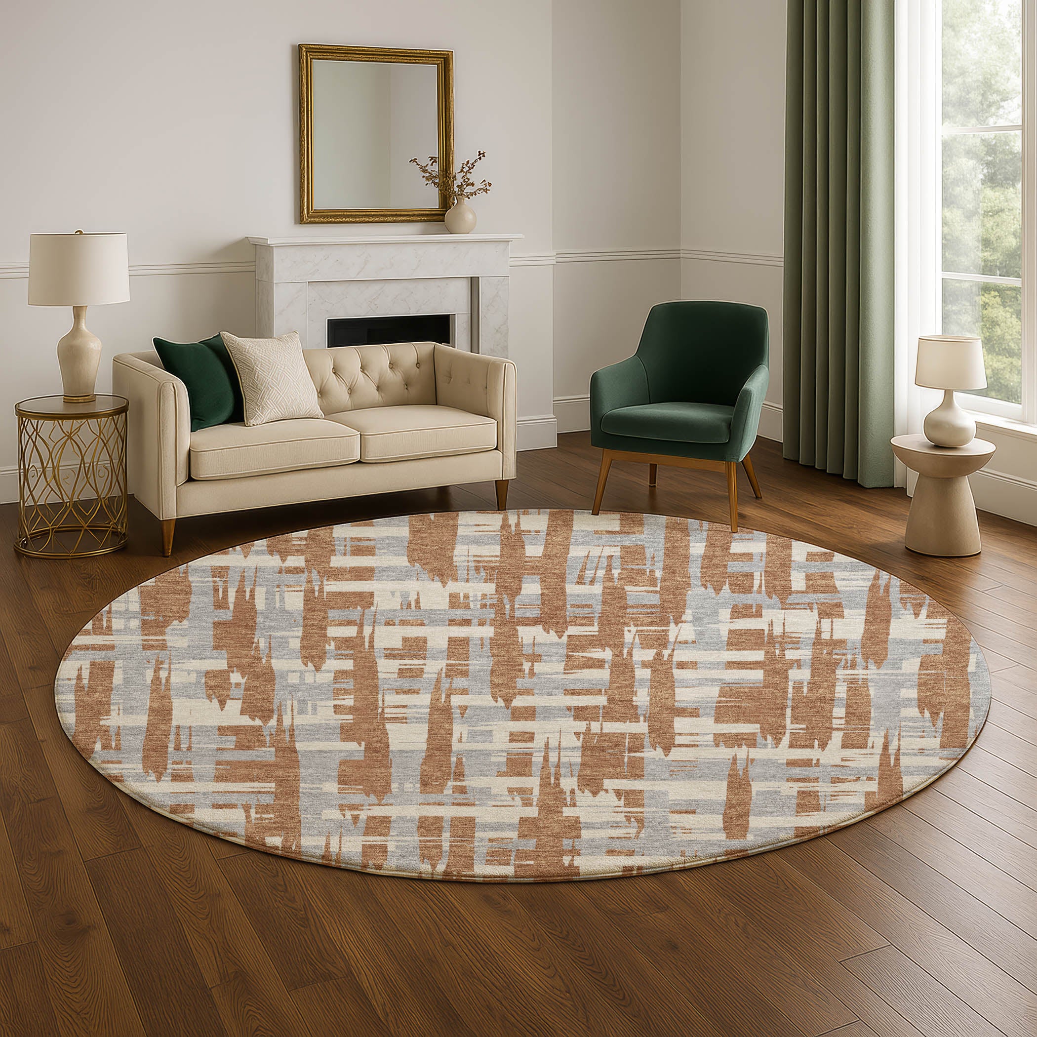 Seoul Machine Washable Transitional Paprika Orange Rug 8' x 8' #shape_Round