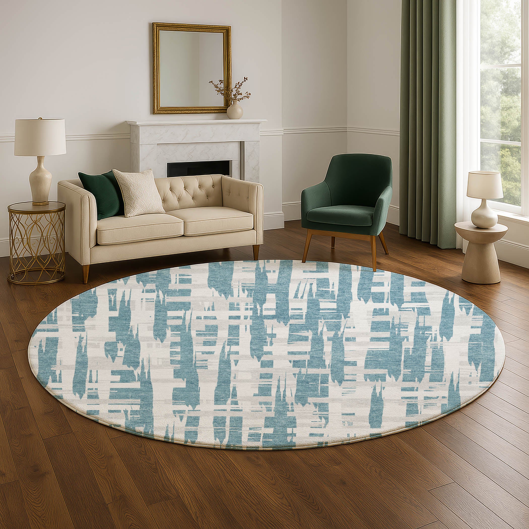 Seoul Machine Washable Transitional Teal Rug 8' x 8' #shape_Round