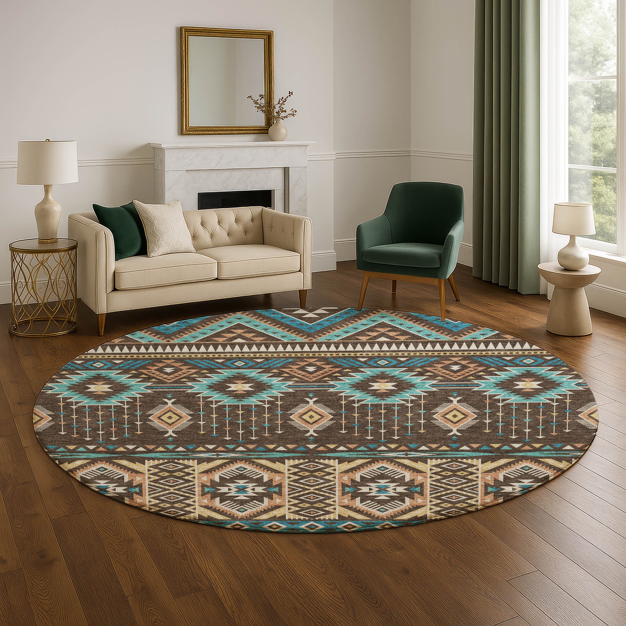 Siena Machine Washable Transitional Brown Rug 8' x 8' #shape_Round