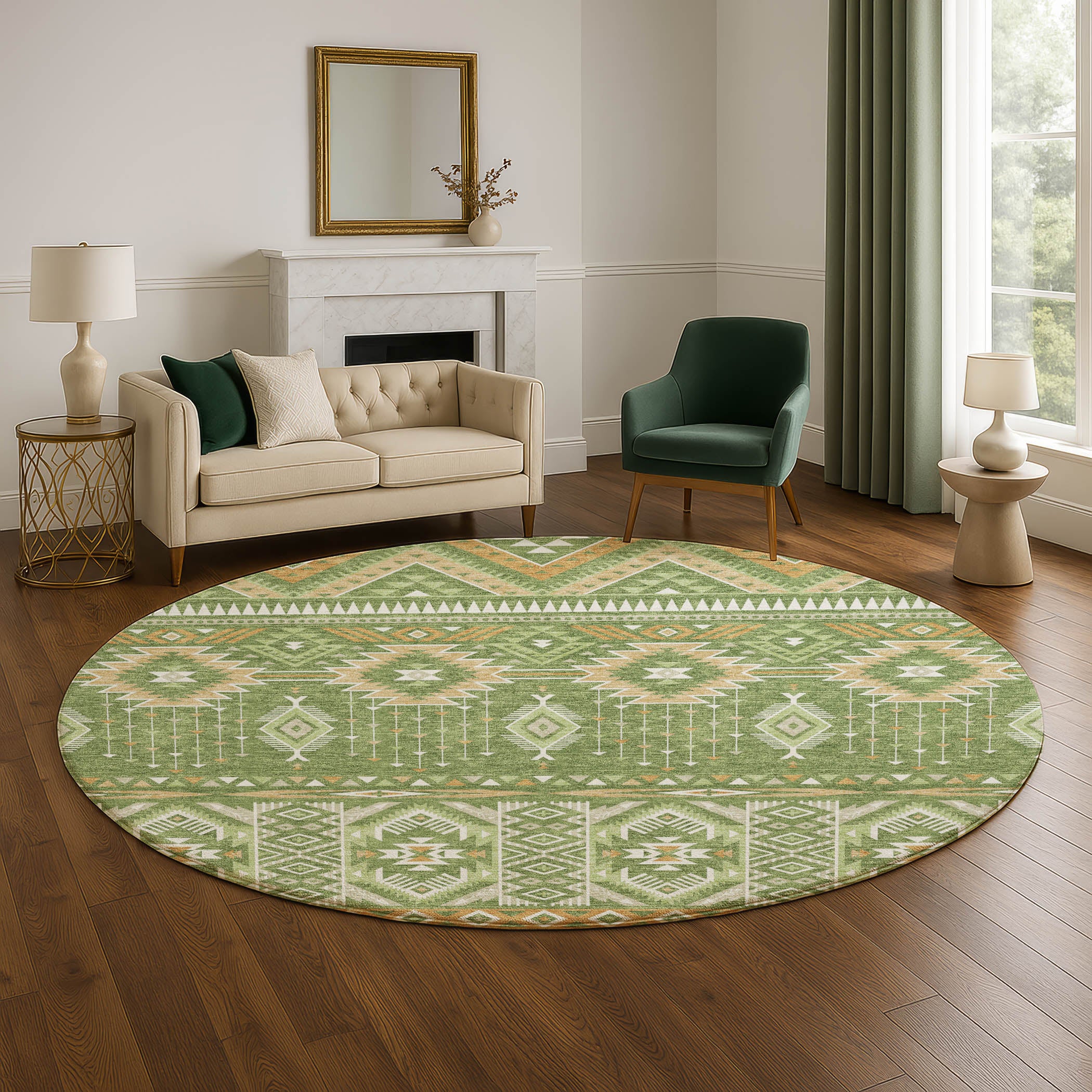 Siena Machine Washable Transitional Green Rug 8' x 8' #shape_Round