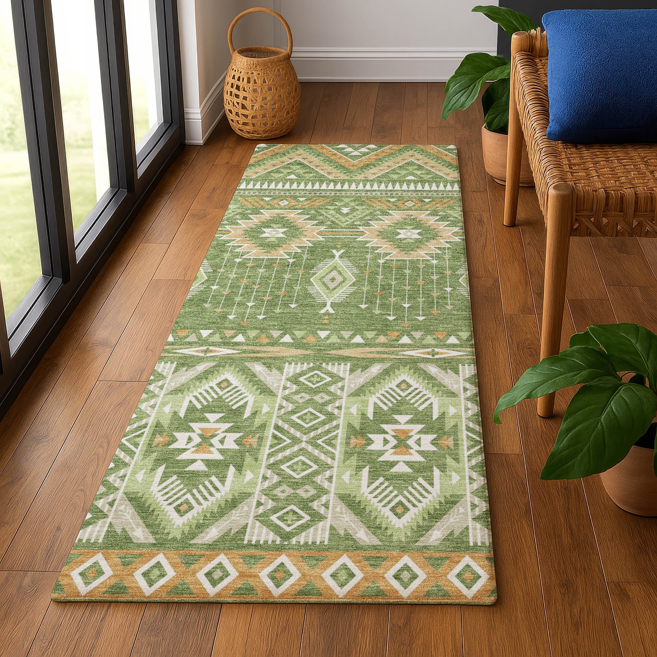 Siena Machine Washable Transitional Green Rug 2'3" x 7'6" #shape_Runner