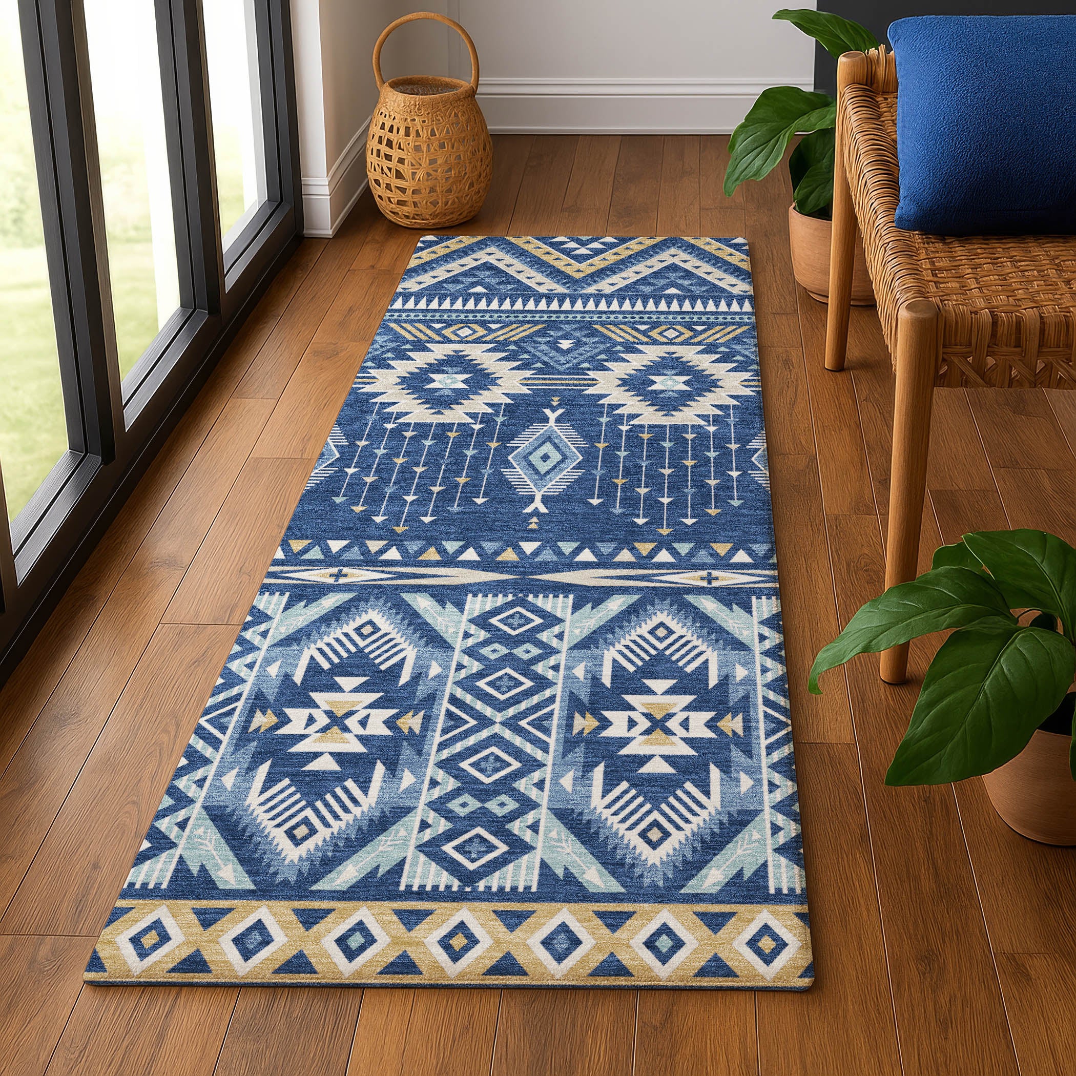 Siena Machine Washable Transitional Navy Blue Rug 2'3" x 7'6" #shape_Runner