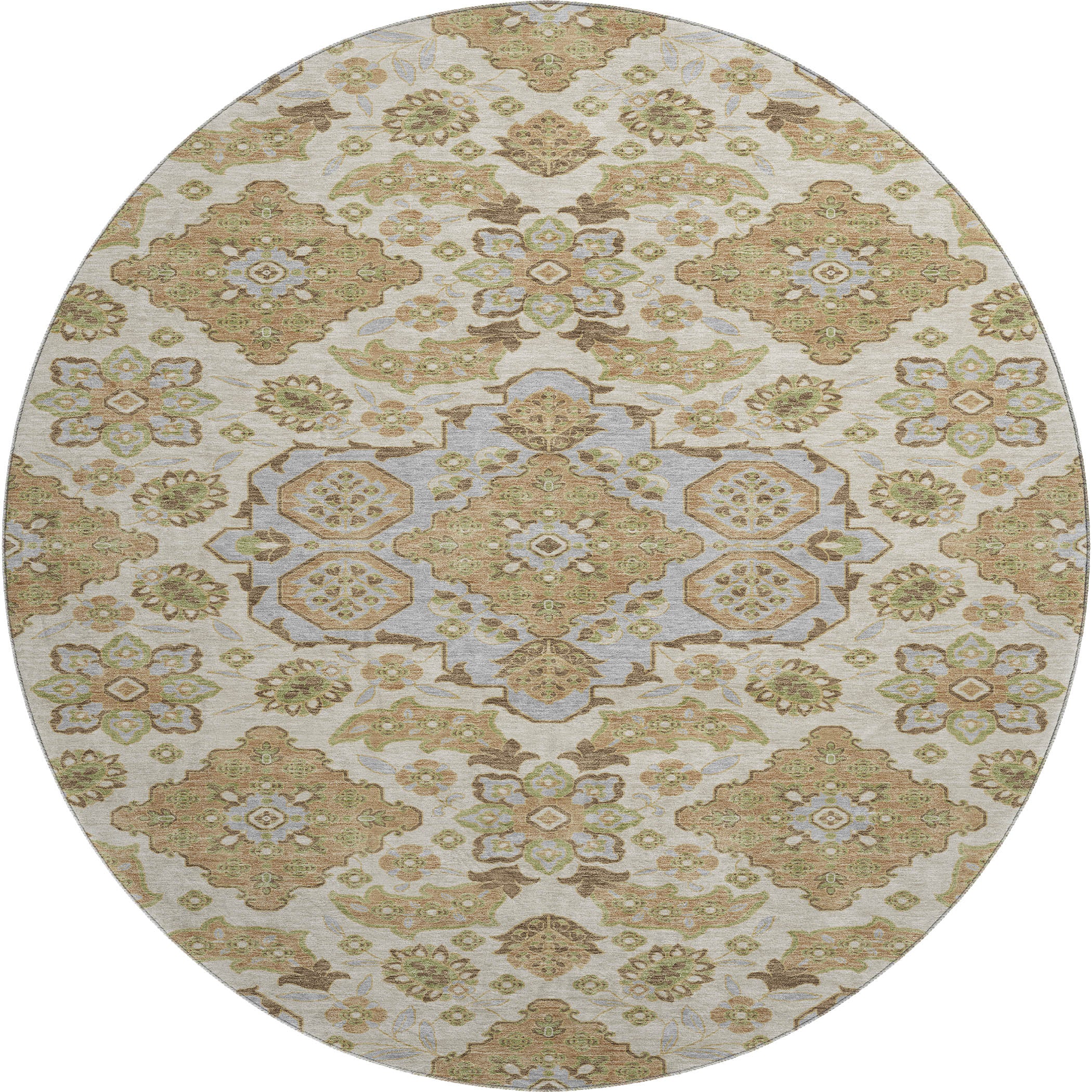 Seville Machine Washable Traditional Beige Brown Rug 8' x 8' #shape_Round