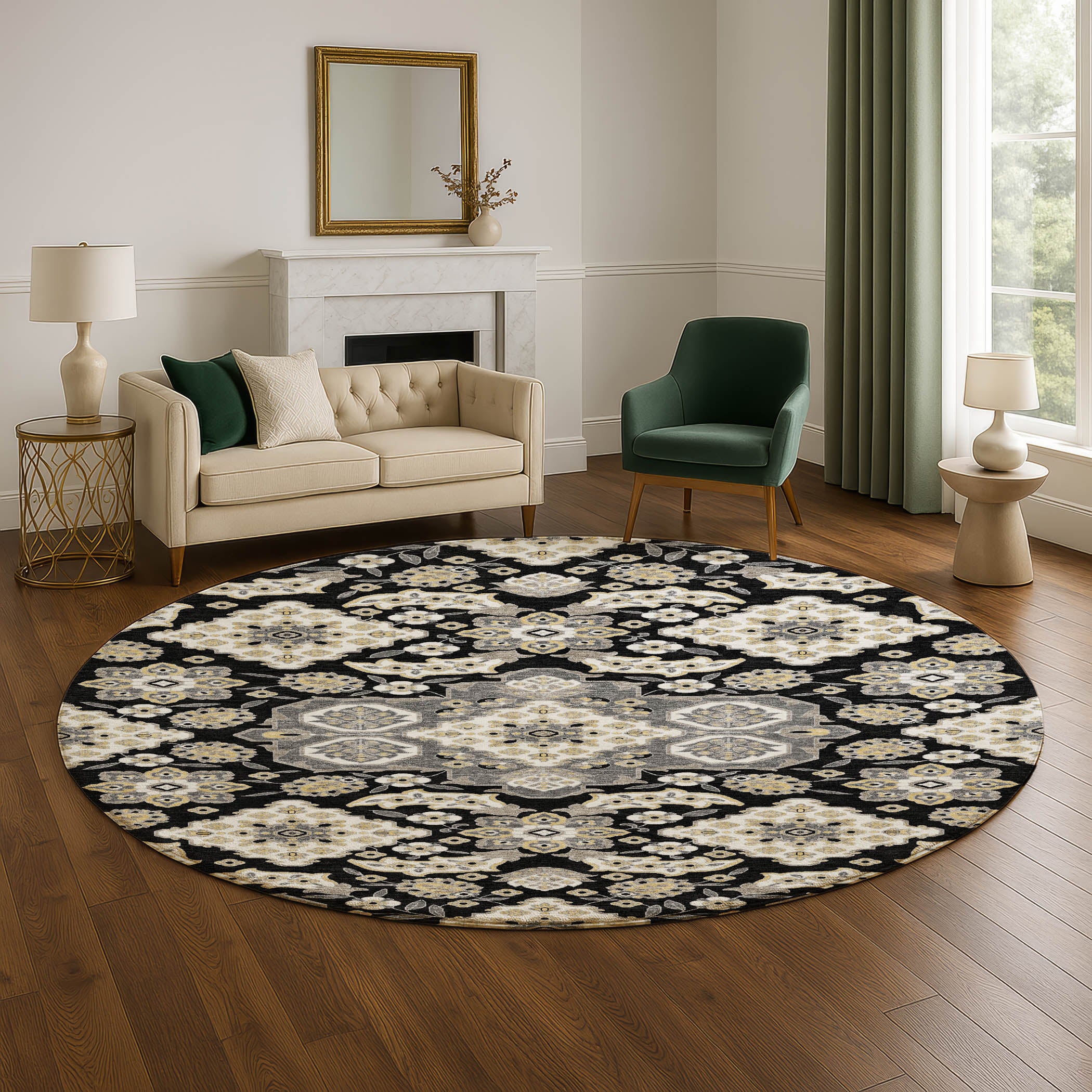 Seville Machine Washable Traditional Black Rug 8' x 8' #shape_Round