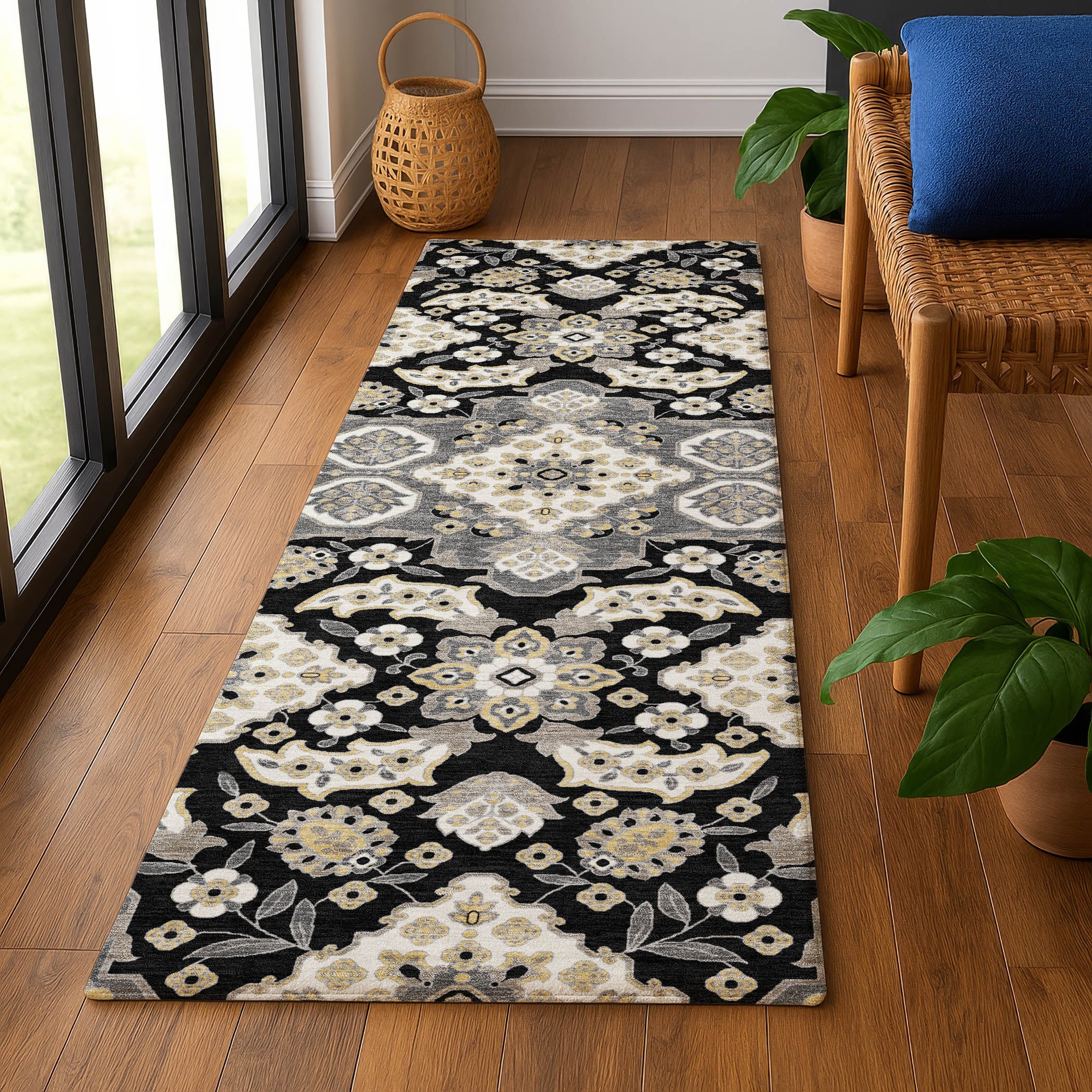 Seville Machine Washable Traditional Black Rug 2'3" x 7'6" #shape_Runner