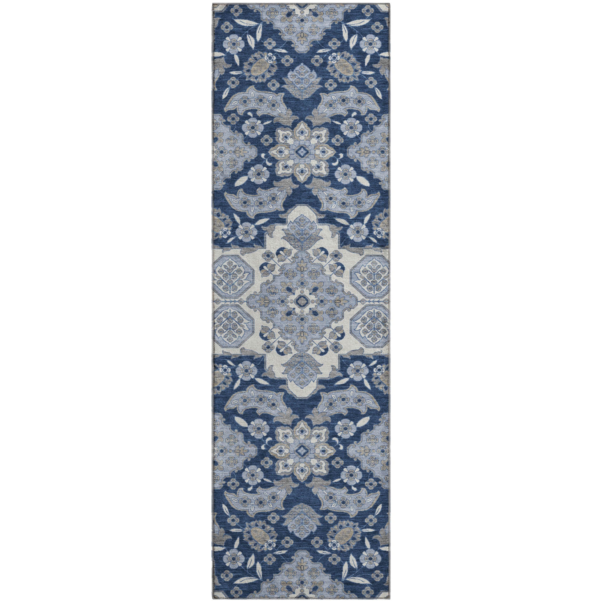 Seville Machine Washable Traditional Blue Rug 2'3" x 7'6" #shape_Runner