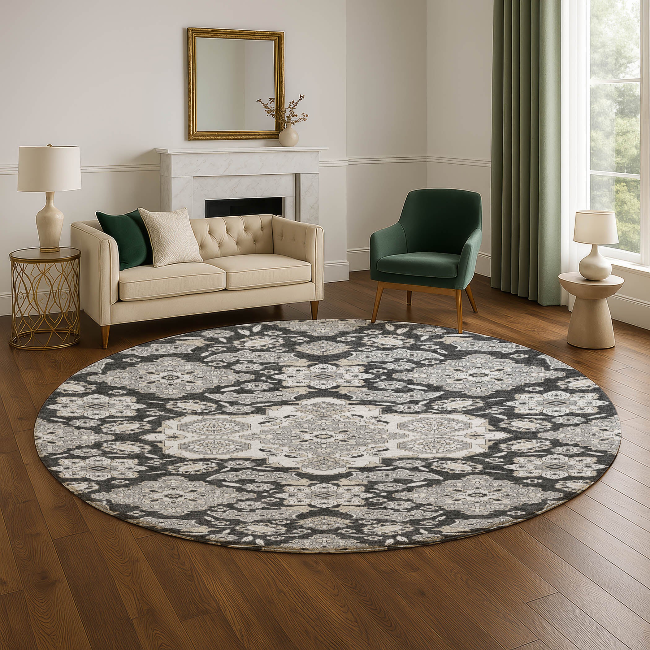 Seville Machine Washable Traditional Charcoal Gray Rug 8' x 8' #shape_Round