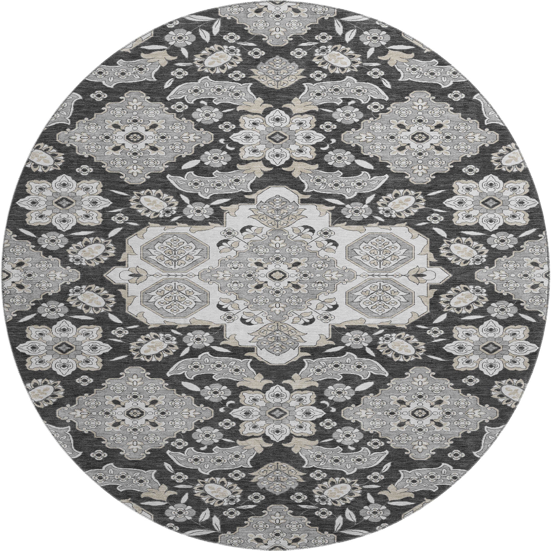 Seville Machine Washable Traditional Charcoal Gray Rug 8' x 8' #shape_Round