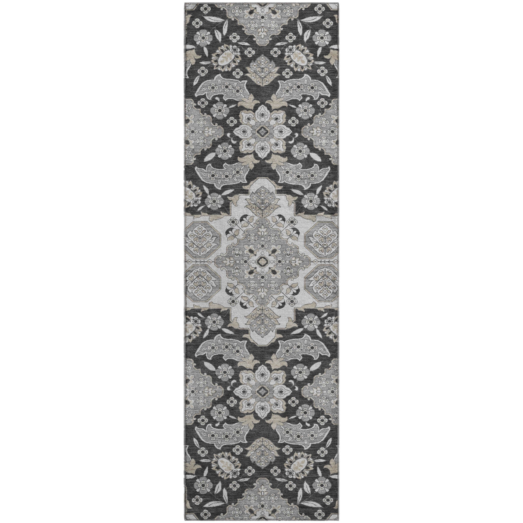 Seville Machine Washable Traditional Charcoal Gray Rug 2'3" x 7'6" #shape_Runner