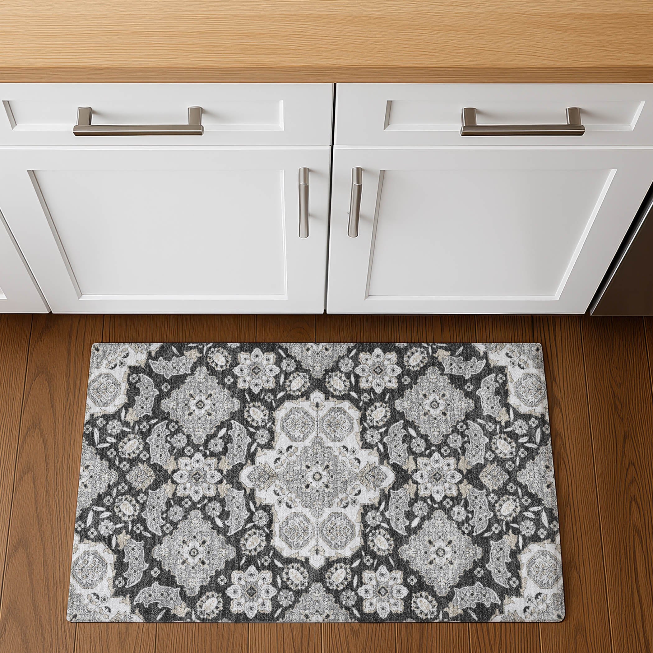 Seville Machine Washable Traditional Charcoal Gray Rug 1'8" x 2'6" #shape_Rectangle