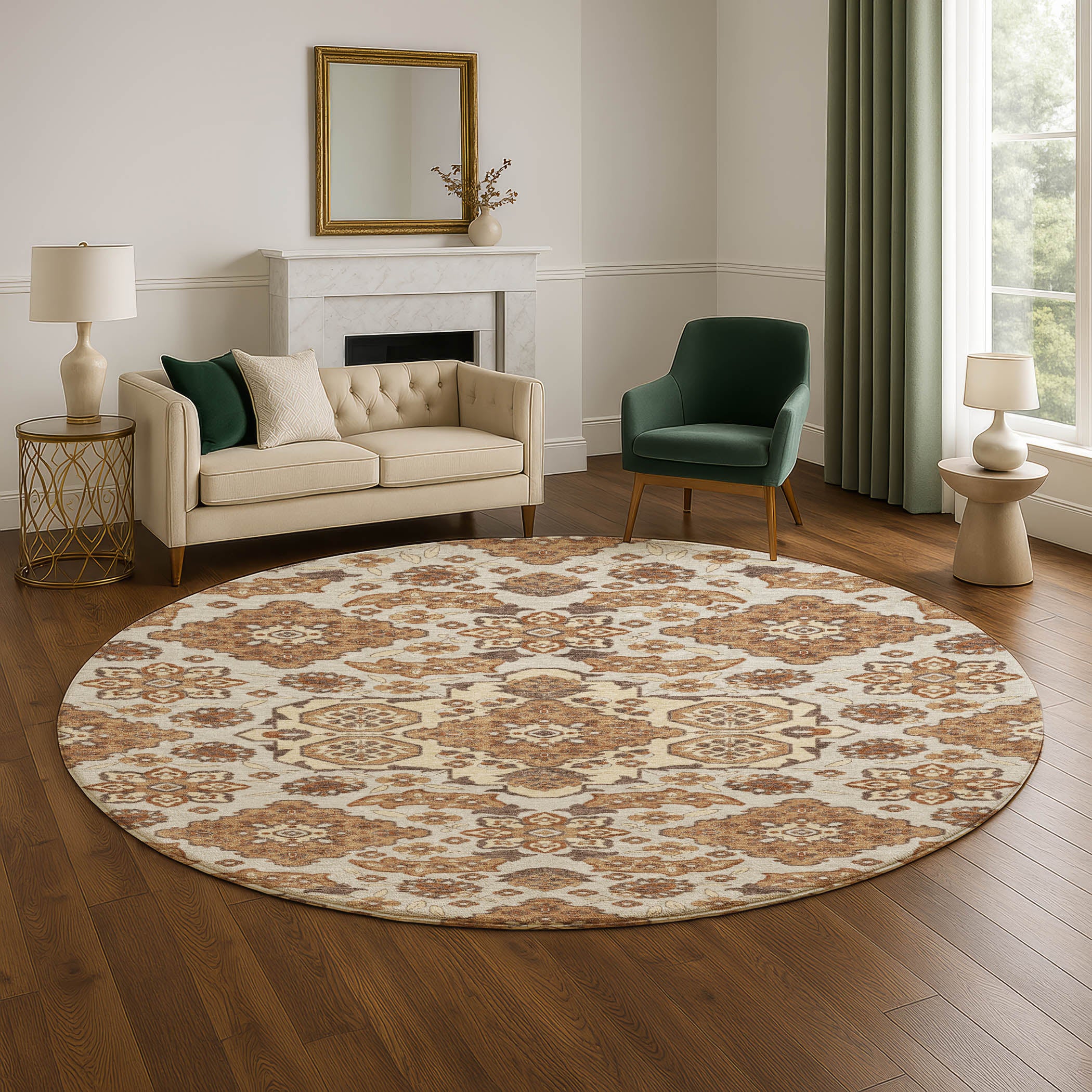 Seville Machine Washable Traditional Copper Orange Rug 8' x 8' #shape_Round