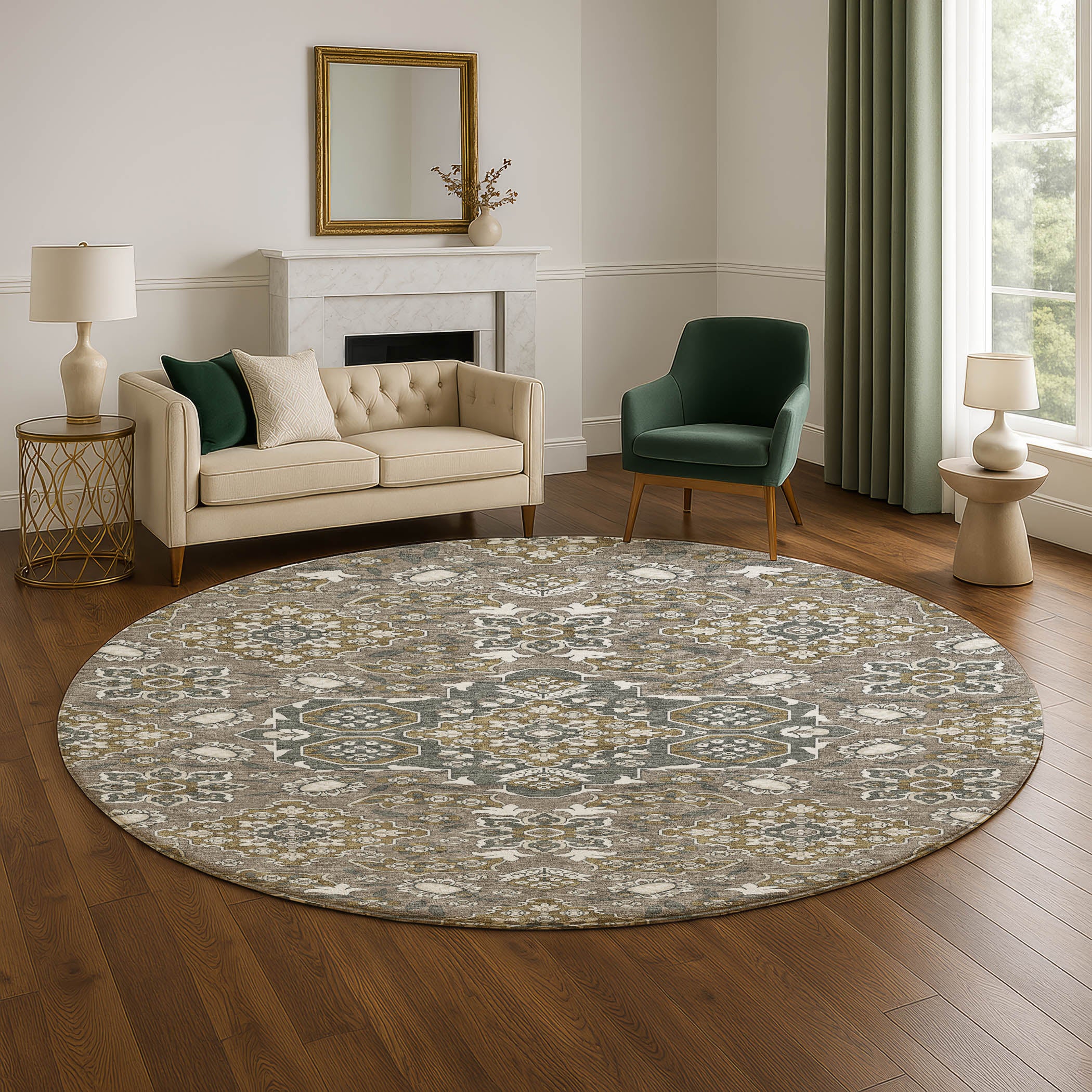 Seville Machine Washable Traditional Mocha Brown Rug 8' x 8' #shape_Round