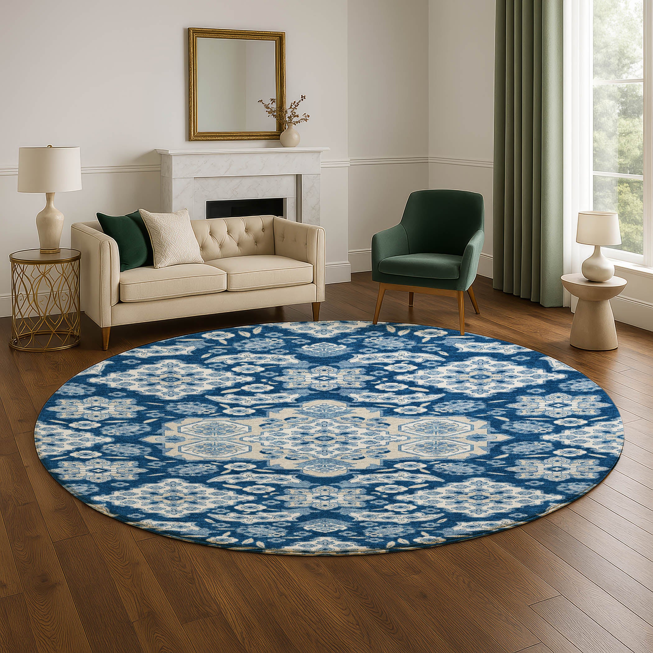 Seville Machine Washable Traditional Navy Blue Rug 8' x 8' #shape_Round