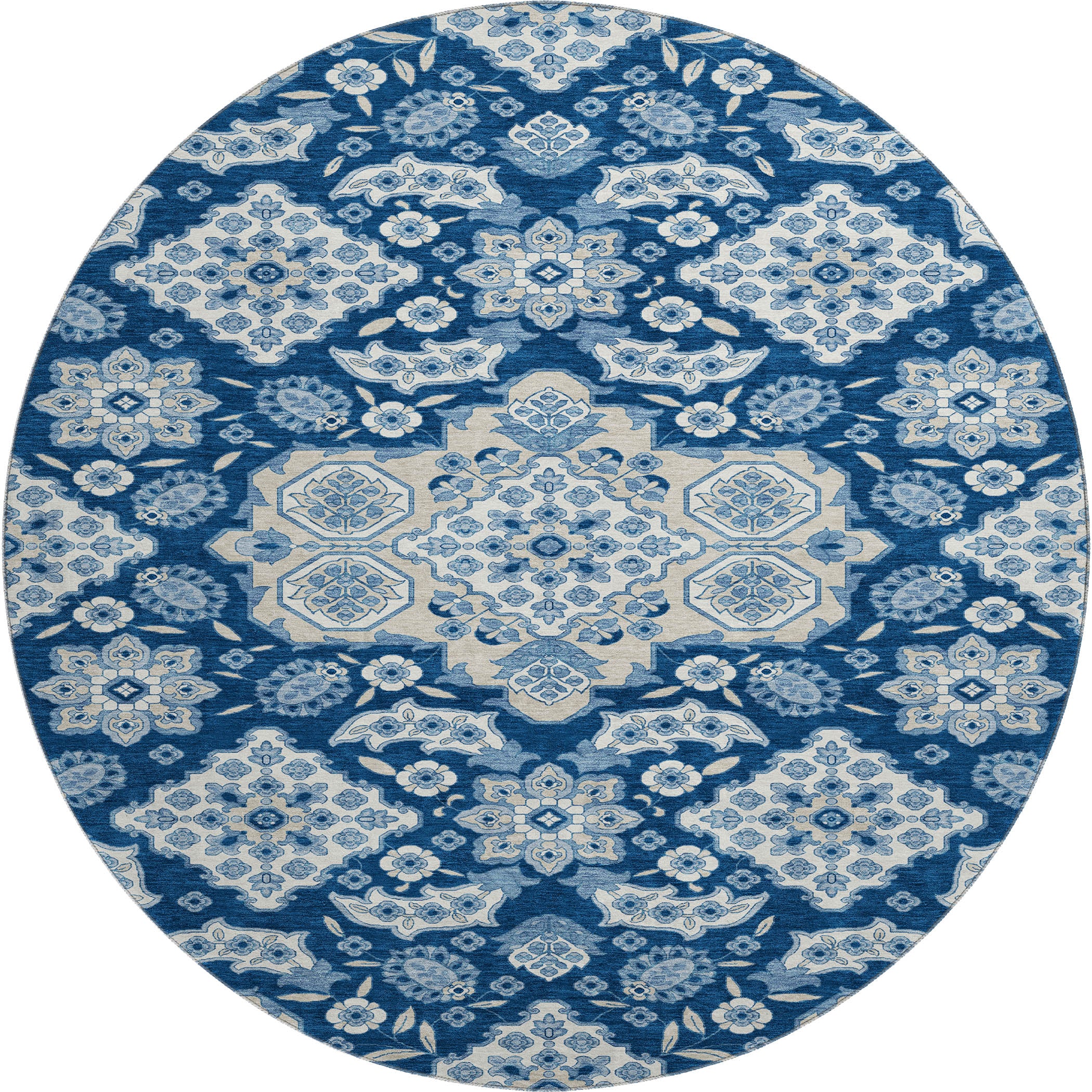 Seville Machine Washable Traditional Navy Blue Rug 8' x 8' #shape_Round