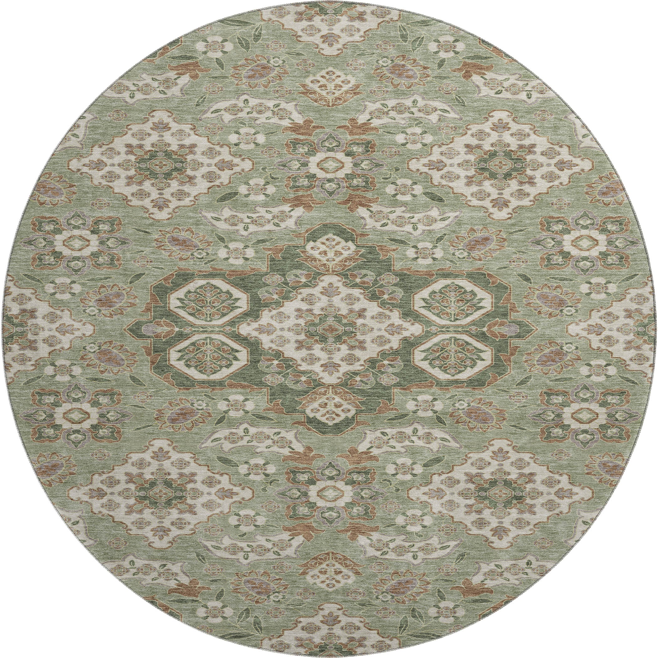 Seville Machine Washable Traditional Sage Green Rug 8' x 8' #shape_Round