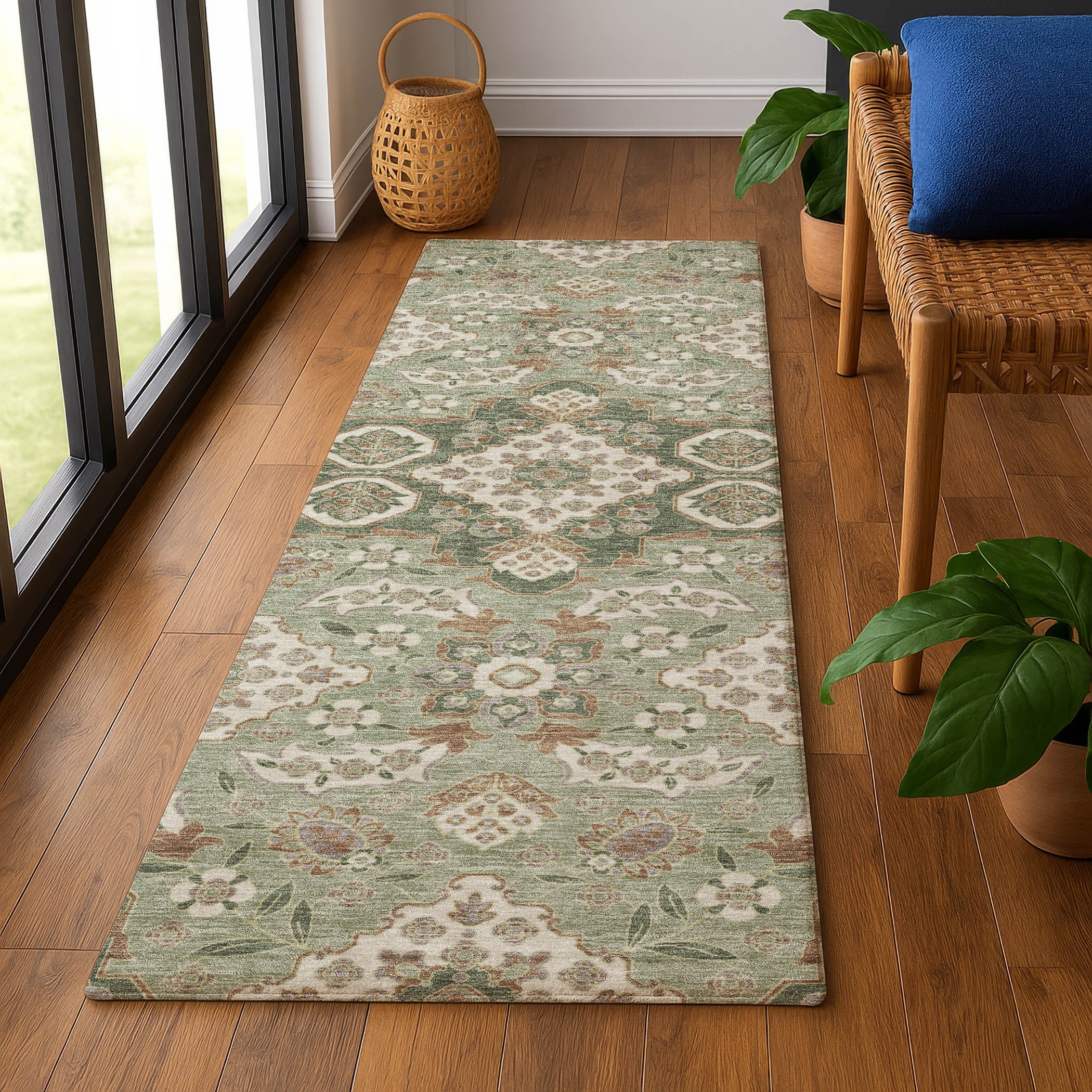 Seville Machine Washable Traditional Sage Green Rug 2'3" x 7'6" #shape_Runner