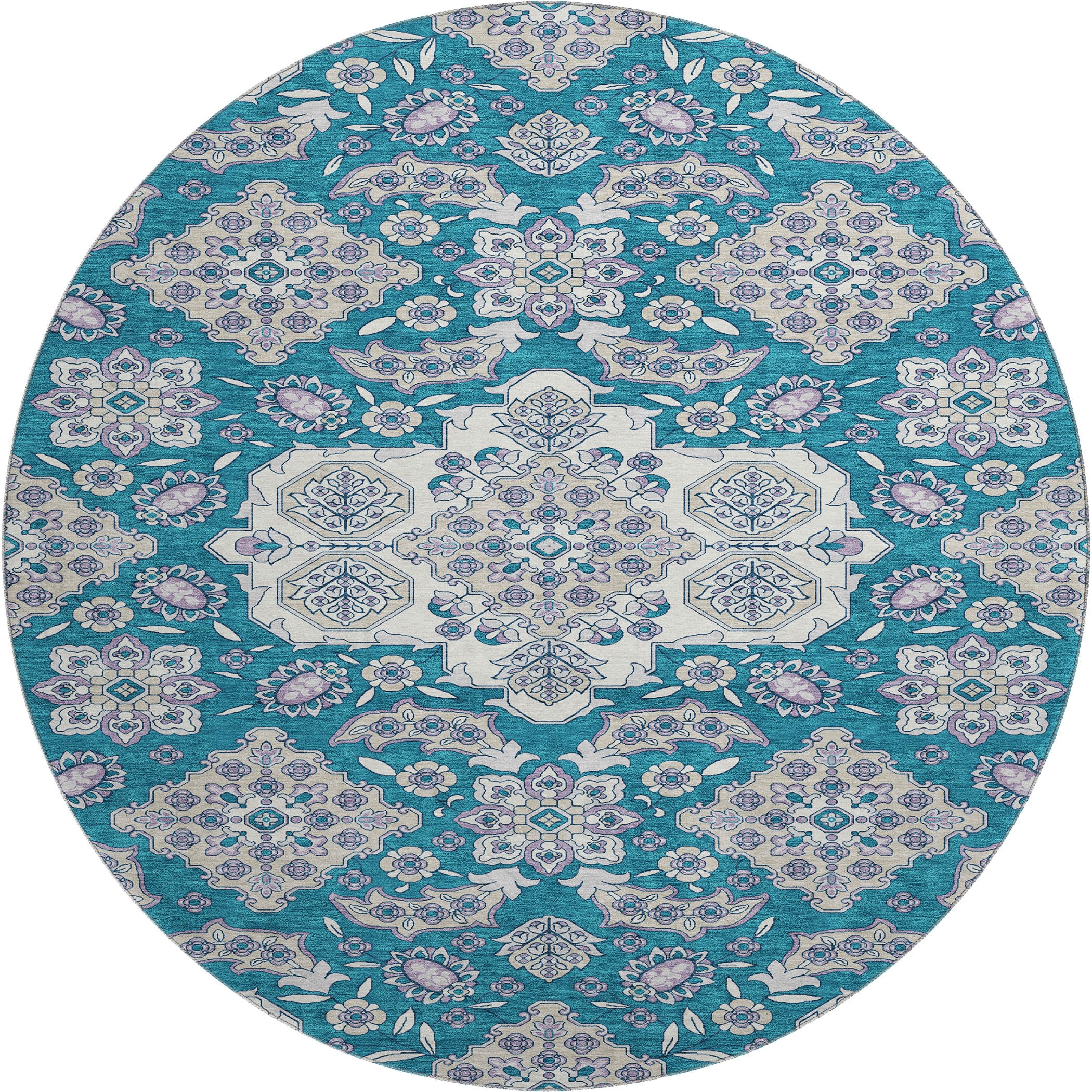 Seville Machine Washable Traditional Teal Rug 8' x 8' #shape_Round