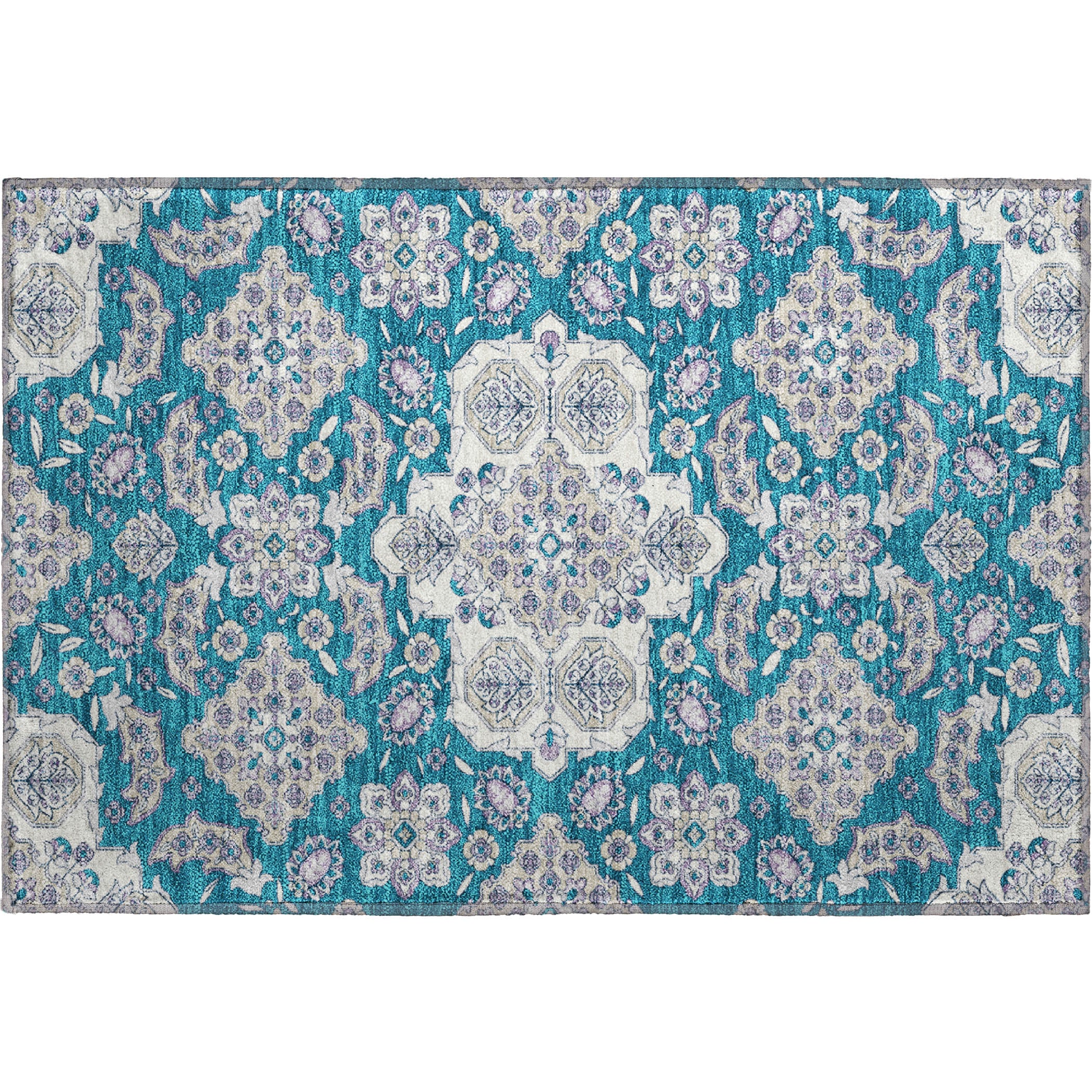 Seville Machine Washable Traditional Teal Rug 1'8" x 2'6" #shape_Rectangle