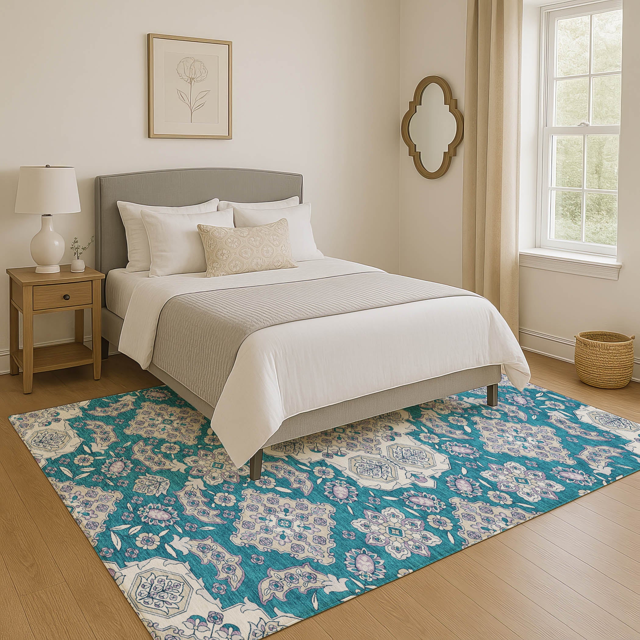 Seville Machine Washable Traditional Teal Rug 2'6" x 3'10" #shape_Rectangle