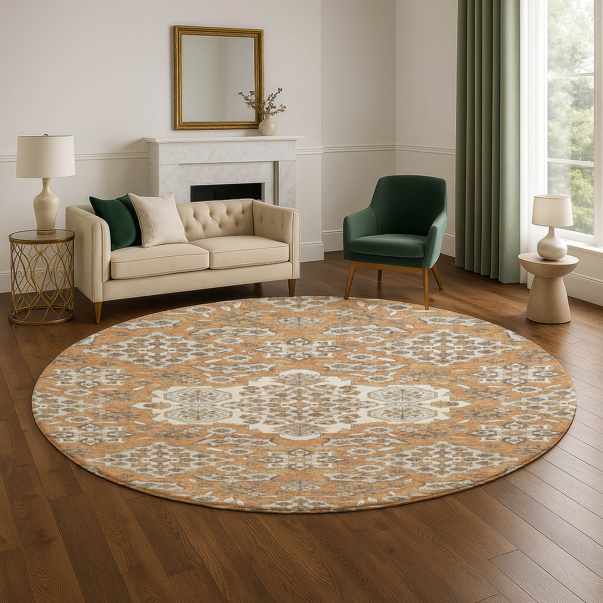 Seville Machine Washable Traditional Terracotta Orange Rug 8' x 8' #shape_Round