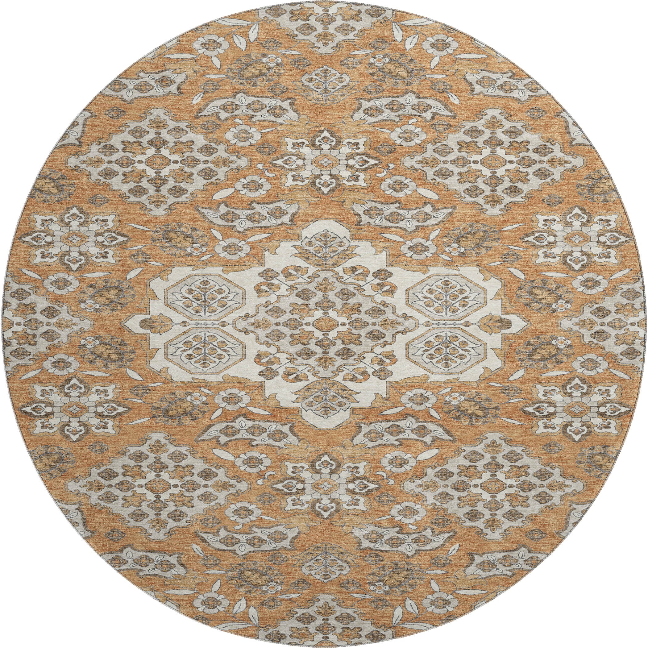 Seville Machine Washable Traditional Terracotta Orange Rug 8' x 8' #shape_Round