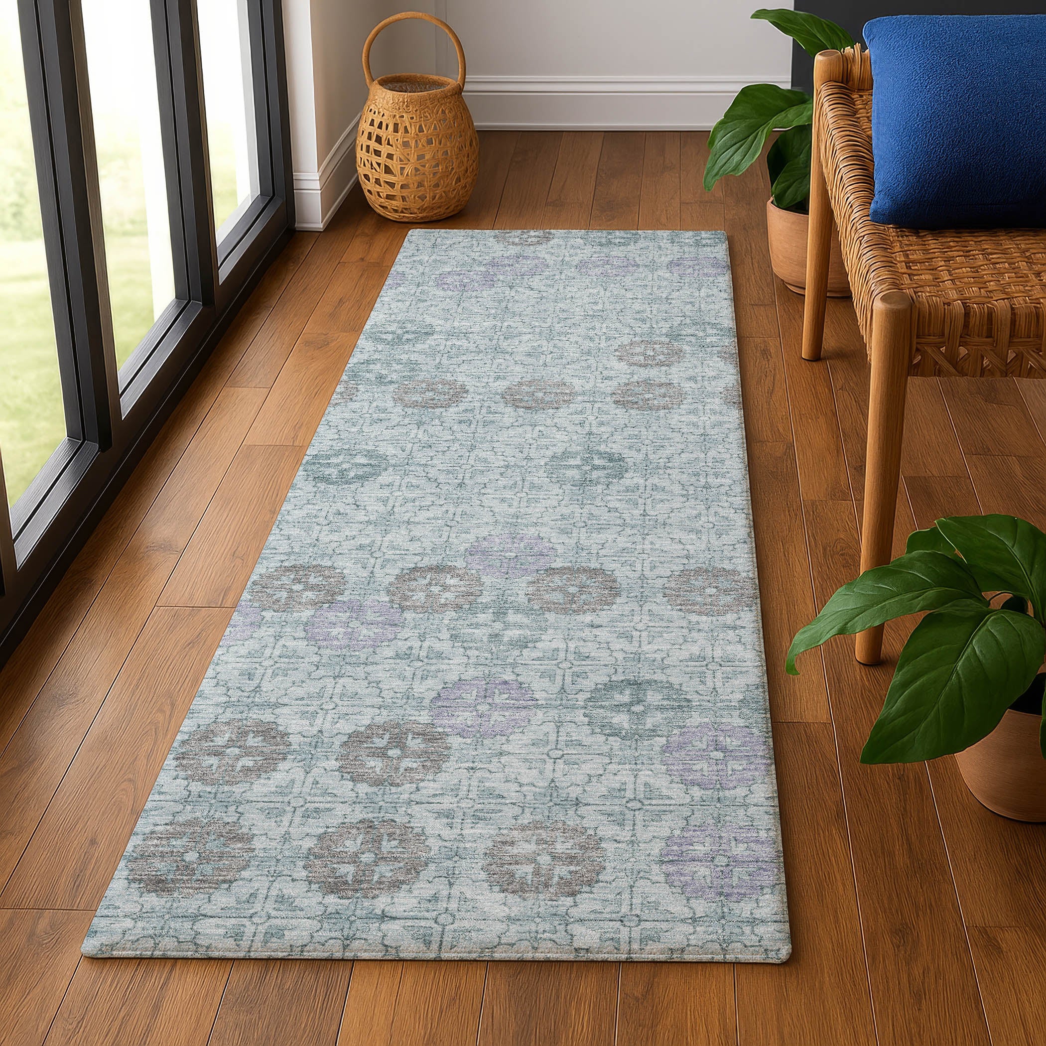Lucerne Machine Washable Transitional Teal Rug 2'3" x 7'6" #shape_Runner