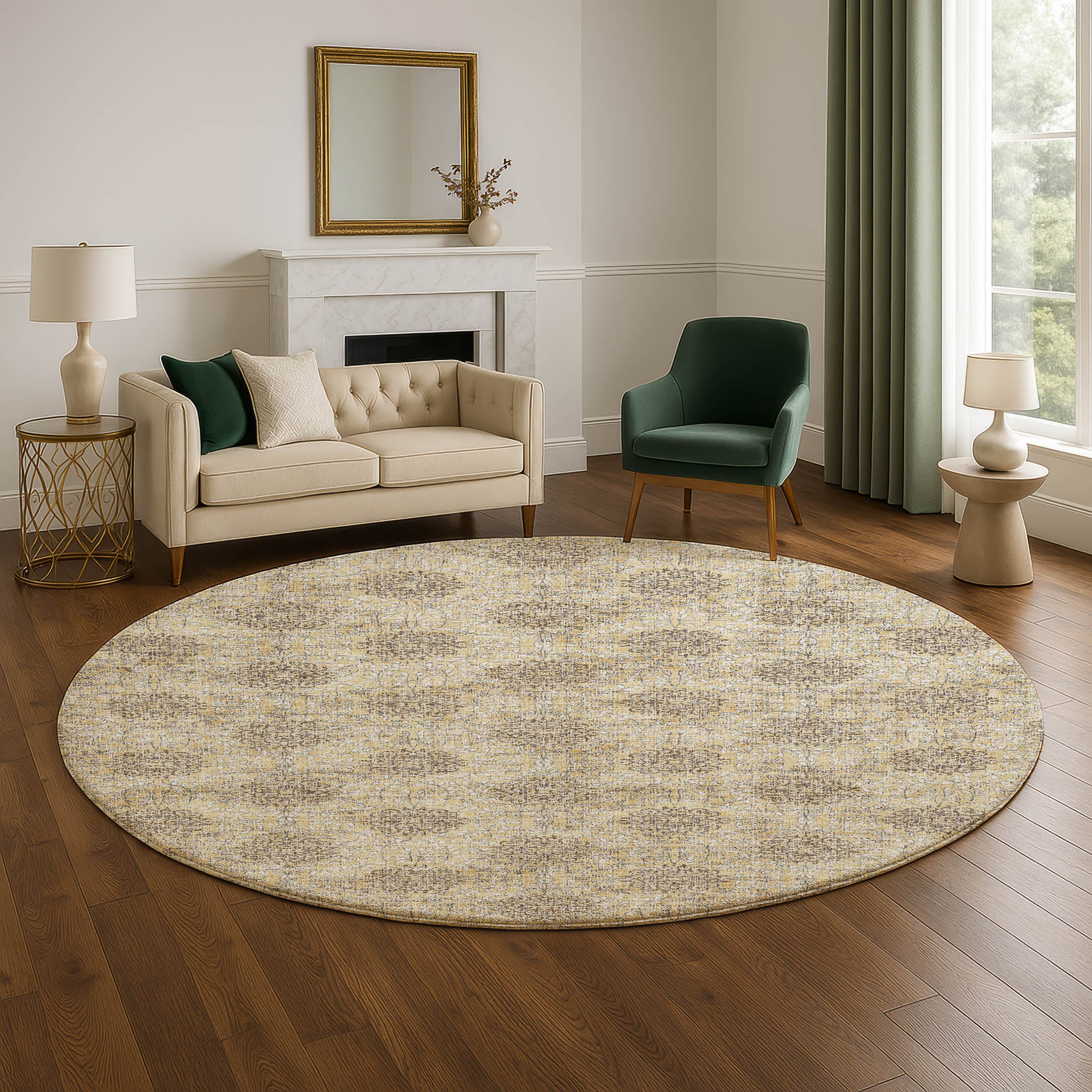 Lucerne Machine Washable Transitional Gold Rug 8' x 8' #shape_Round
